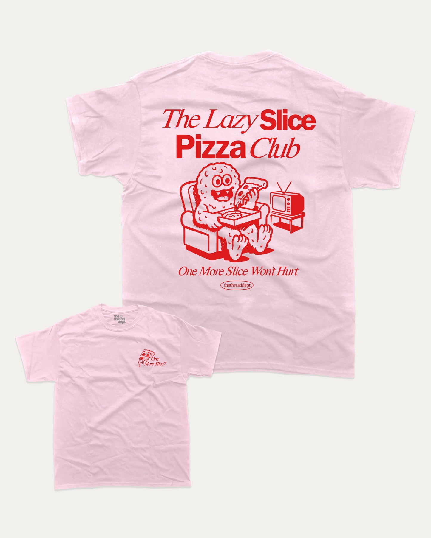 The Lazy Slice Pizza Club graphic t-shirt, Trendy pizza graphic t-shirt for men and women fun, casual design perfect for everyday wear and food lovers. Pink.