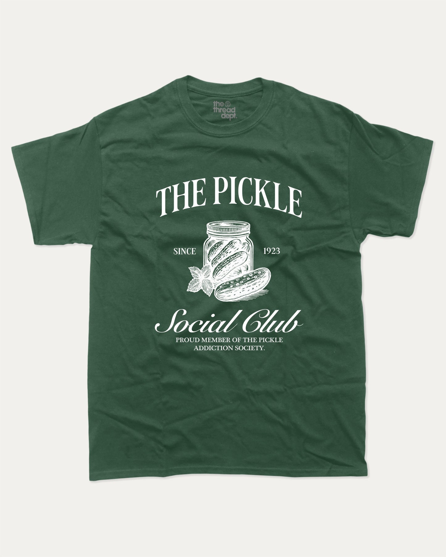 The Pickle Social Club graphic t-shirt, Funny pickle graphic t-shirt with playful design perfect gift idea and casual outfit. Forest.