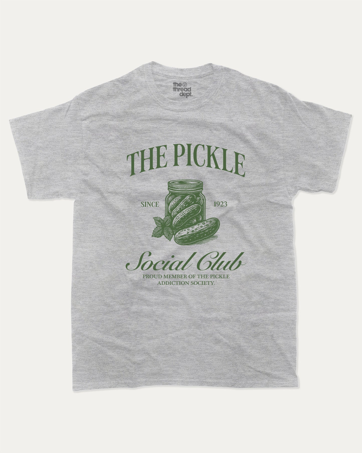 The Pickle Social Club graphic t-shirt, Funny pickle graphic t-shirt with playful design perfect gift idea and casual outfit. Heather Grey.