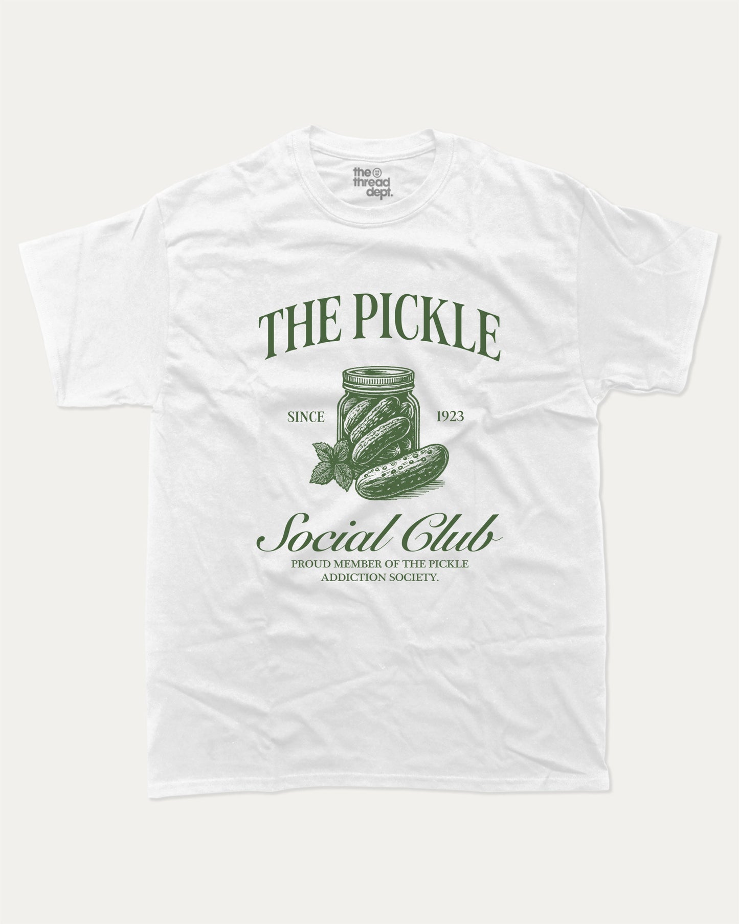 The Pickle Social Club graphic t-shirt, Funny pickle graphic t-shirt with playful design perfect gift idea and casual outfit. White.