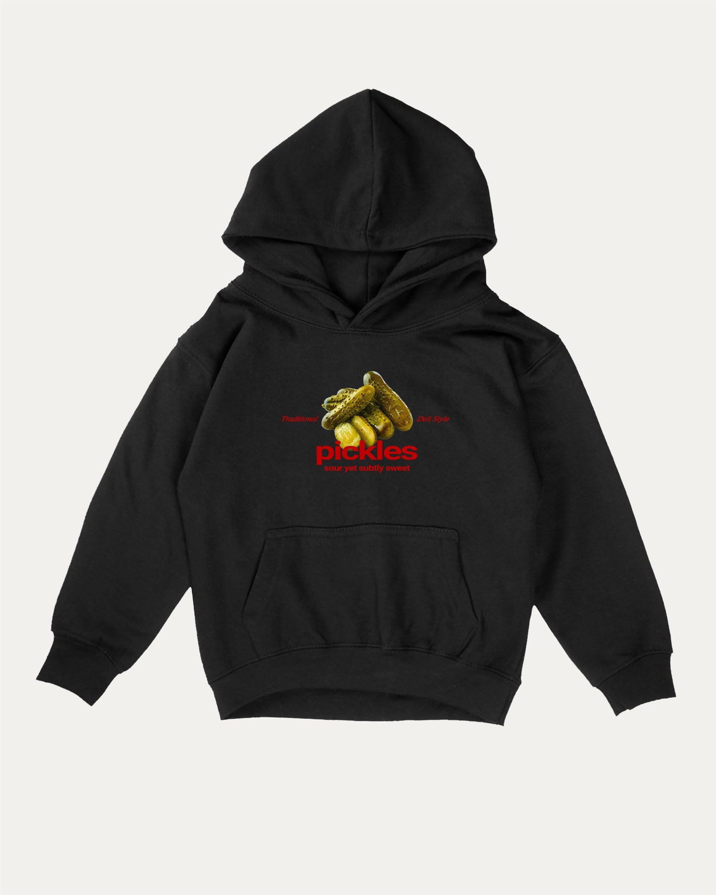Traditional Pickles kids graphic hoodie with cozy fit and fun design, perfect for school, play, and gifting. Black kids sweater.