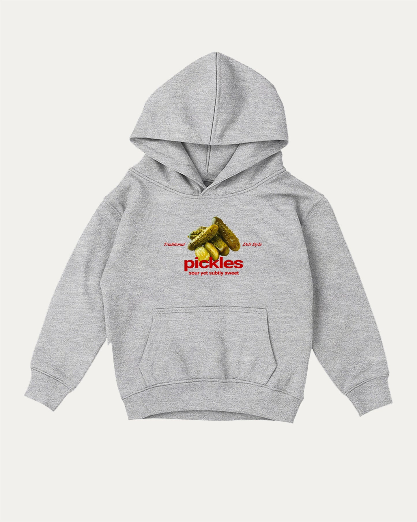 Traditional Pickles kids graphic hoodie with cozy fit and fun design, perfect for school, play, and gifting. Heather Grey kids sweater.