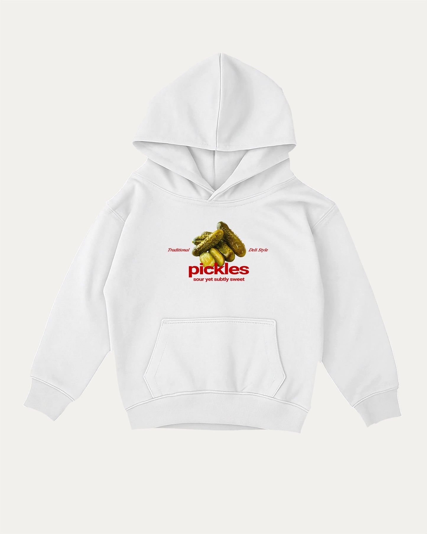 Traditional Pickles kids graphic hoodie with cozy fit and fun design, perfect for school, play, and gifting. White kids sweater.