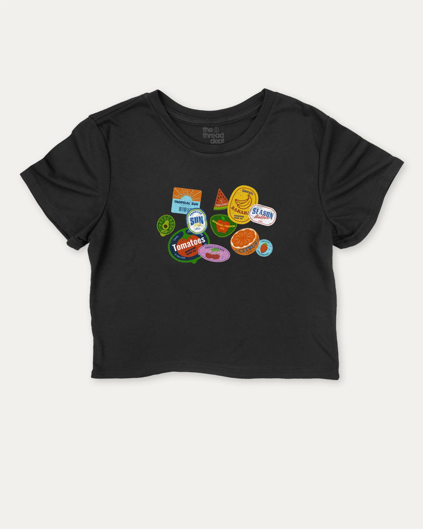 Vintage Fruit Stickers cute and trendy crop tee with nostalgic graphic, perfect for women. Funny fruit crop t shirt, ideal for daily outfits and casual days. Black crop tee