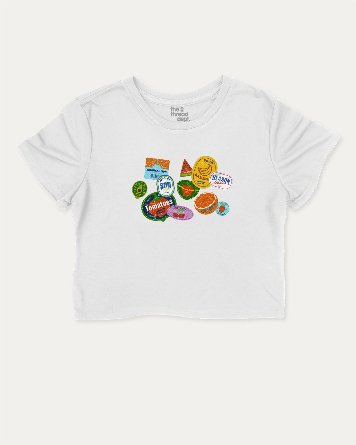Vintage Fruit Stickers cute and trendy crop tee with nostalgic graphic, perfect for women. Funny fruit crop t shirt, ideal for daily outfits and casual days. White crop tee
