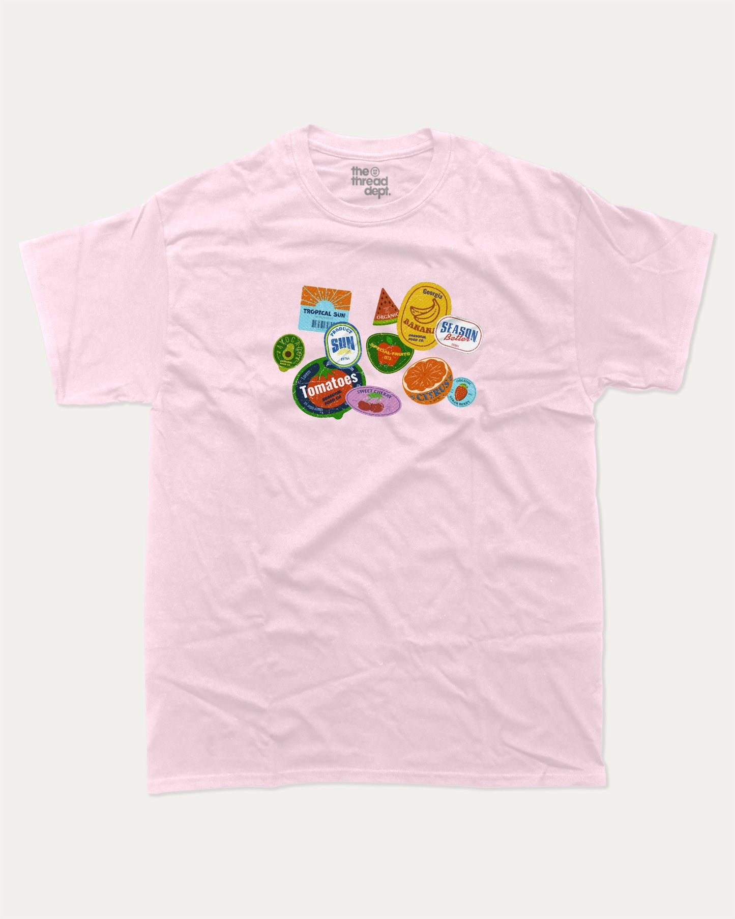 Vintage Fruit Stickers graphic t-shirt, perfect for adults. Raspberry funny tee, trending fruit shirt, unique gift idea. Pink.