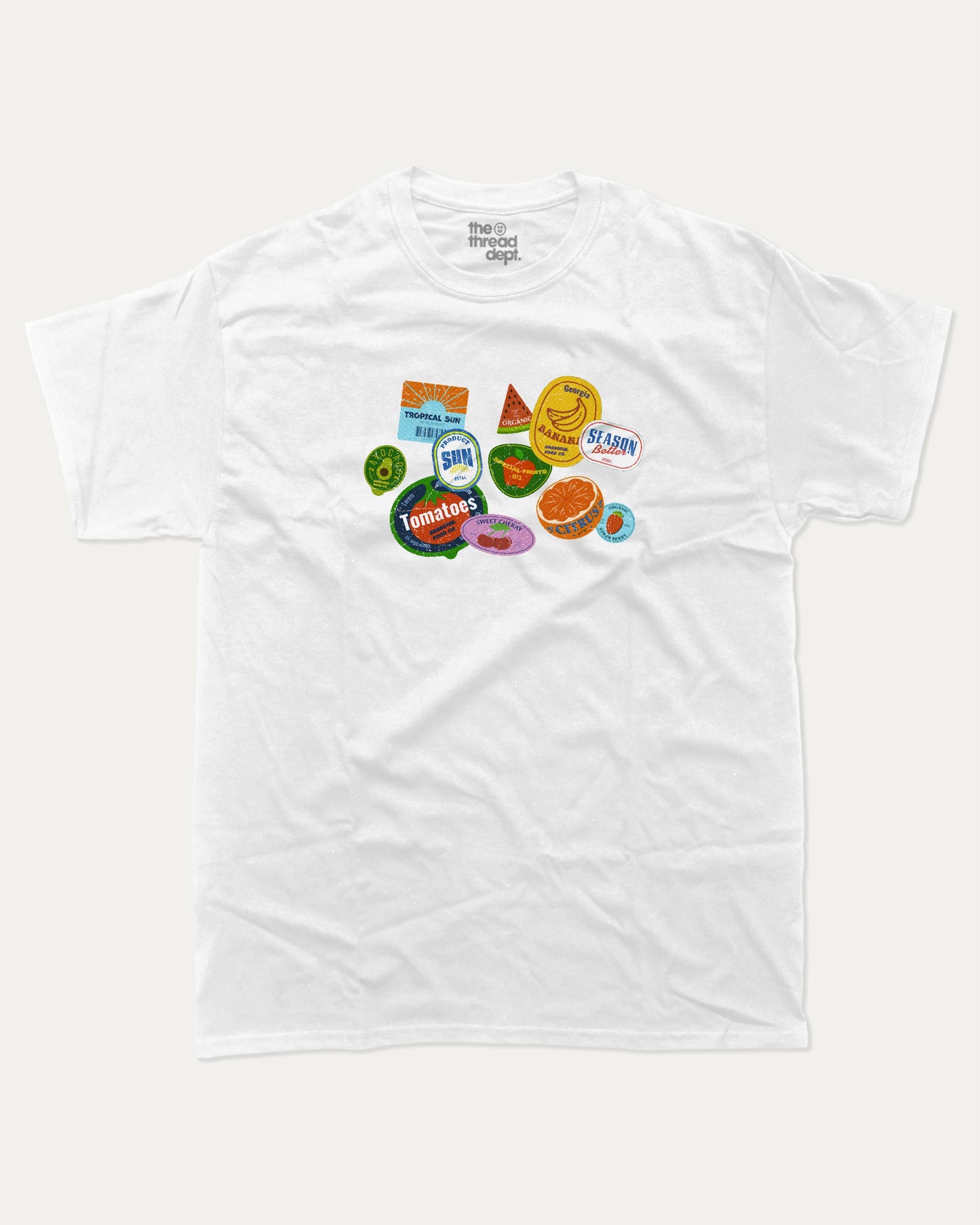 Vintage Fruit Stickers graphic t-shirt, perfect for adults. Raspberry funny tee, trending fruit shirt, unique gift idea. White.