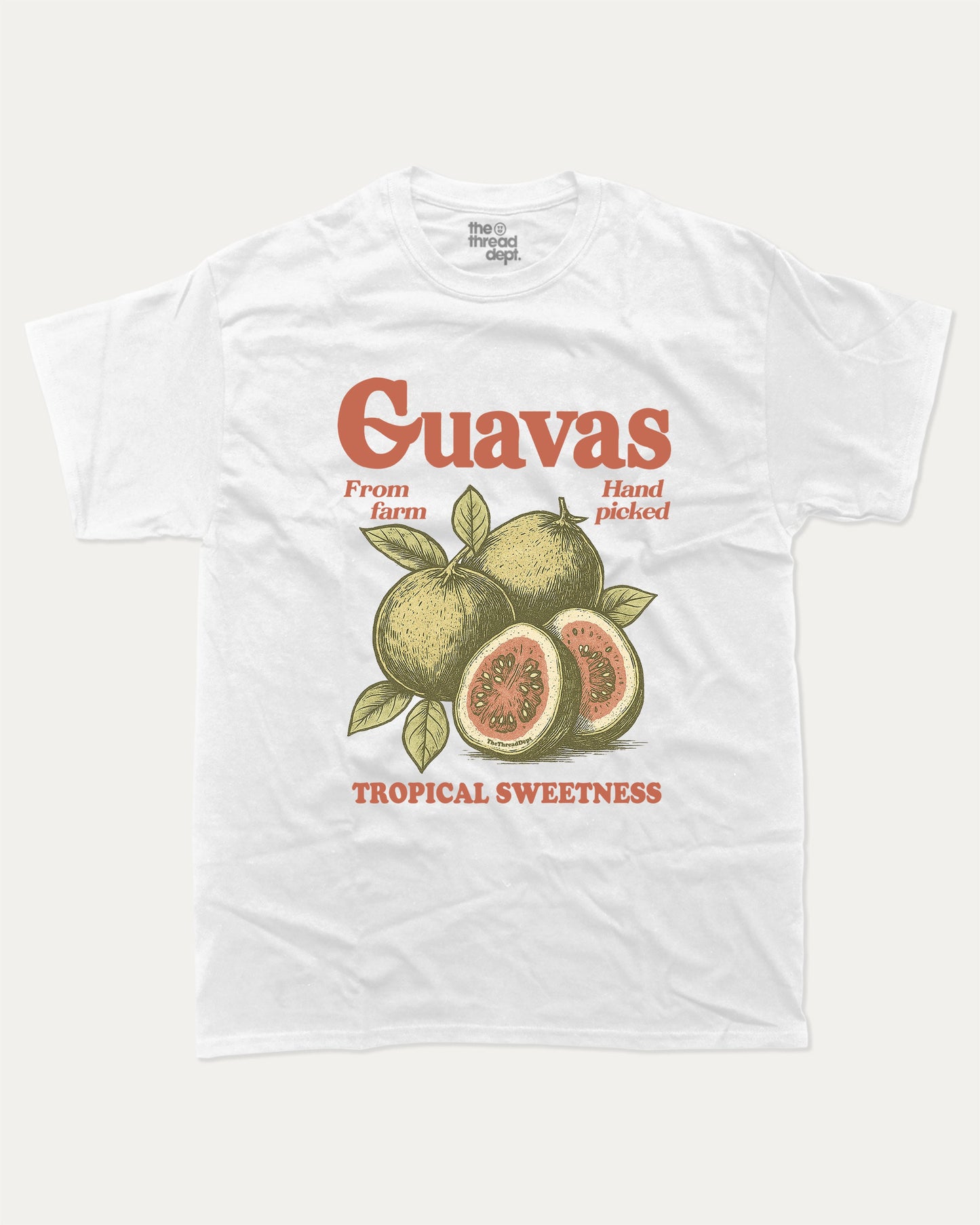 Vintage Guavas graphic t-shirt, perfect for adults. Raspberry funny tee, trending guava graphic shirt, unique gift idea. White.