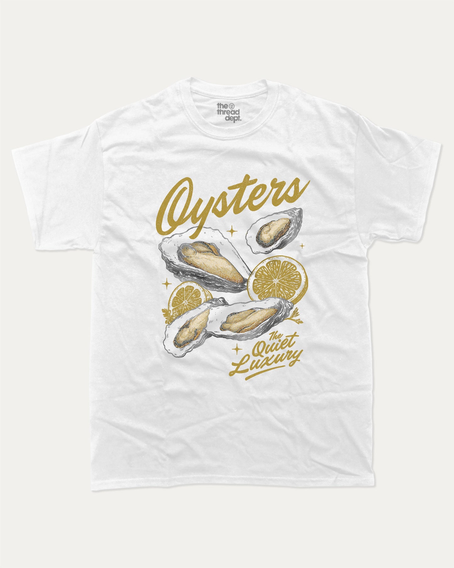 Vintage Oysters The Quiet Luxury graphic t-shirt, perfect for gifts. Funny oysters tee, trending vintage graphic shirt, unique gift idea. White.