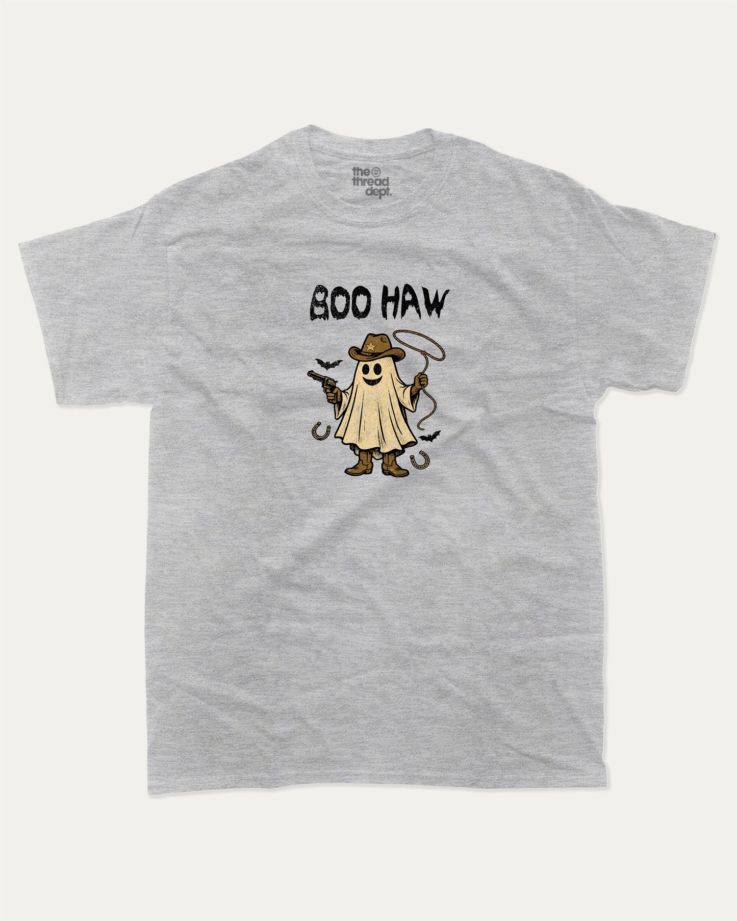 Boo Haw graphic tee with bold and humorous print, Halloween Graphic T shirt, Spooky T shirt, Perfect Gift for Halloween Day, funny and trendy graphic. Perfect for adults and gift-giving. Heather Grey shirt.