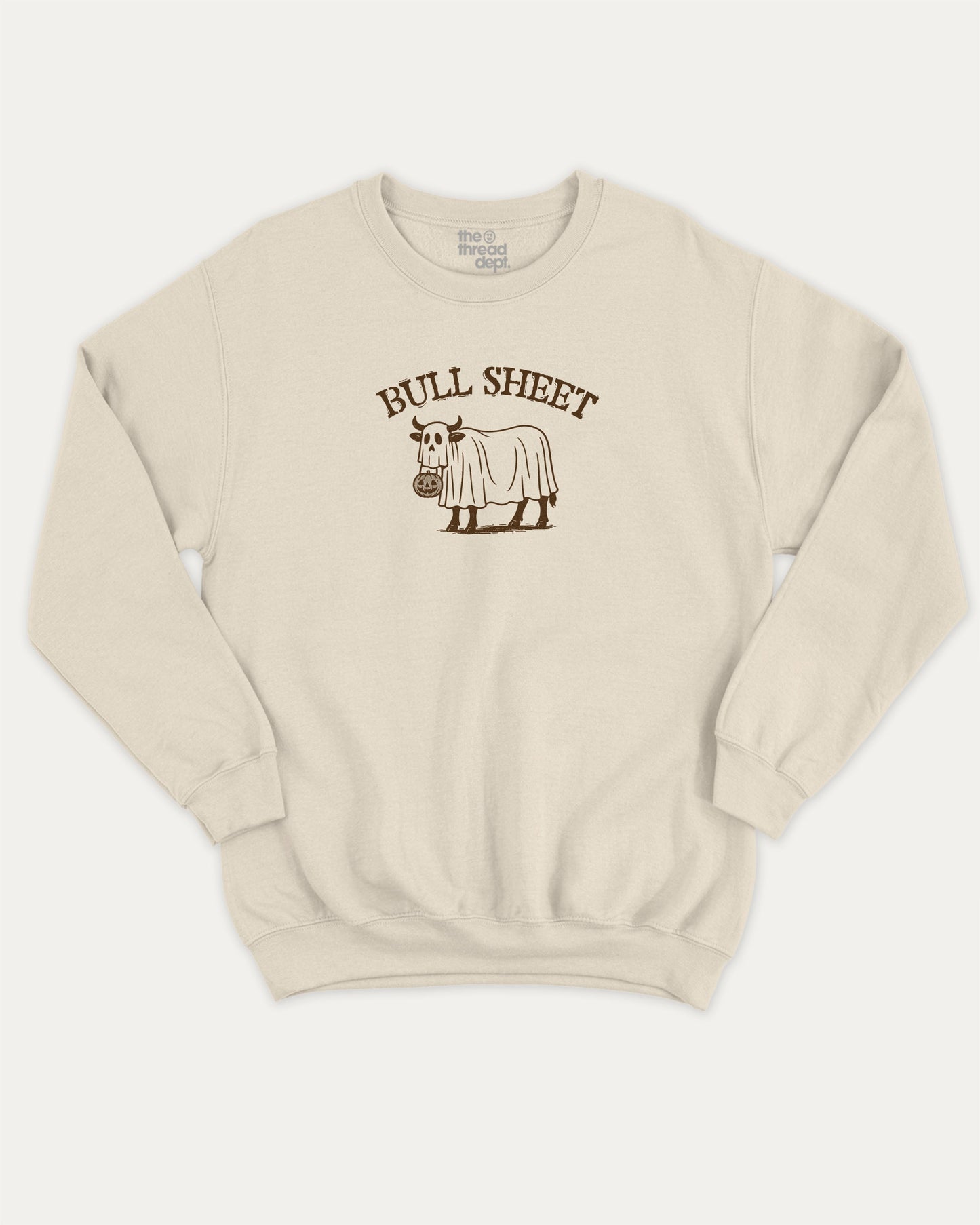 Bull Sheet graphic sweatshirt with bold and humorous print, warm and cozy graphic for everyday wear. Halloween Gift Pull Over, Halloween Graphic T Sweatshirt, Perfect for adults and gift-giving. Natural pullover.