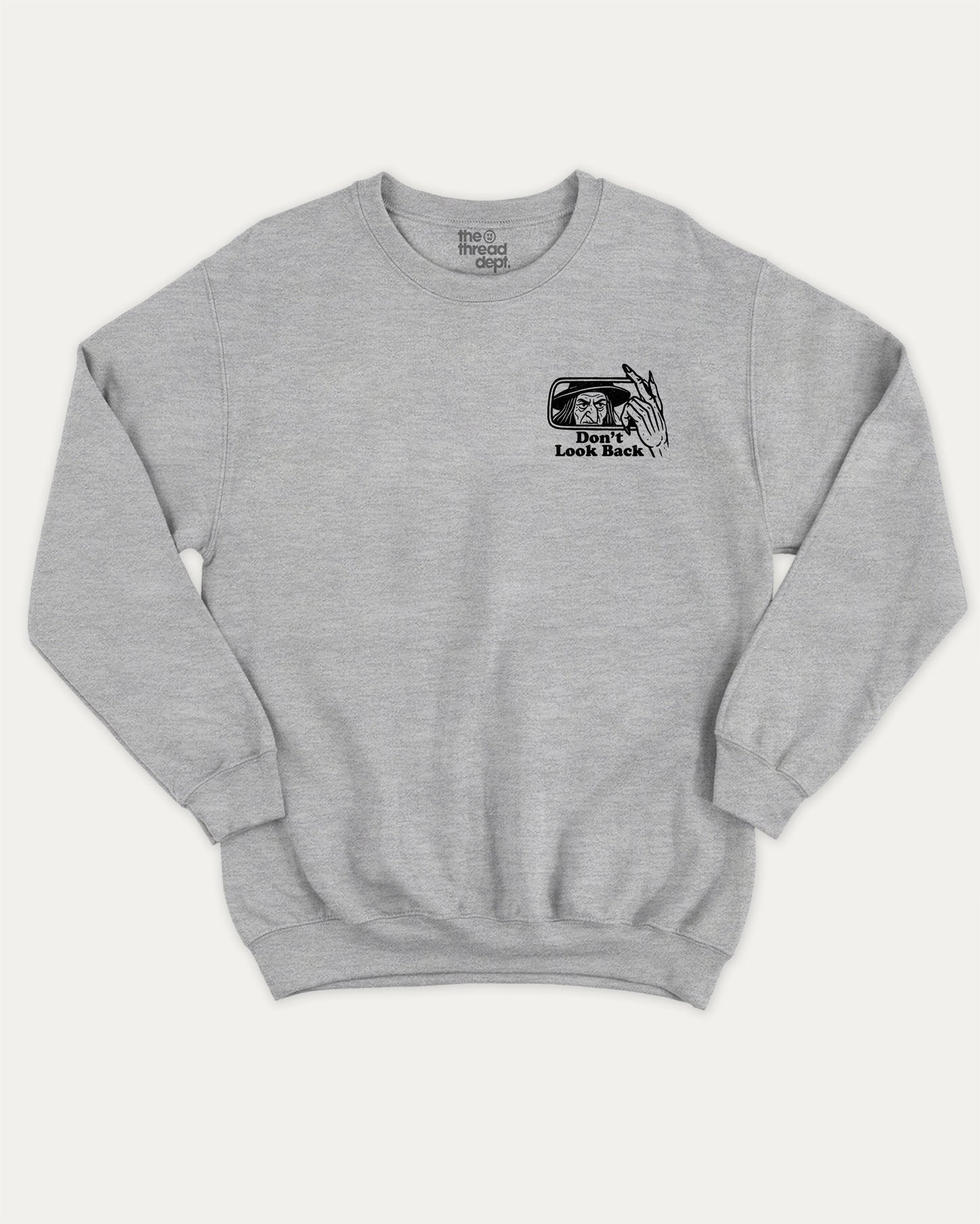 Don't Look Back graphic sweatshirt with bold and humorous print, warm and cozy graphic for everyday wear. Perfect for adults and gift-giving. Heather Grey pullover.