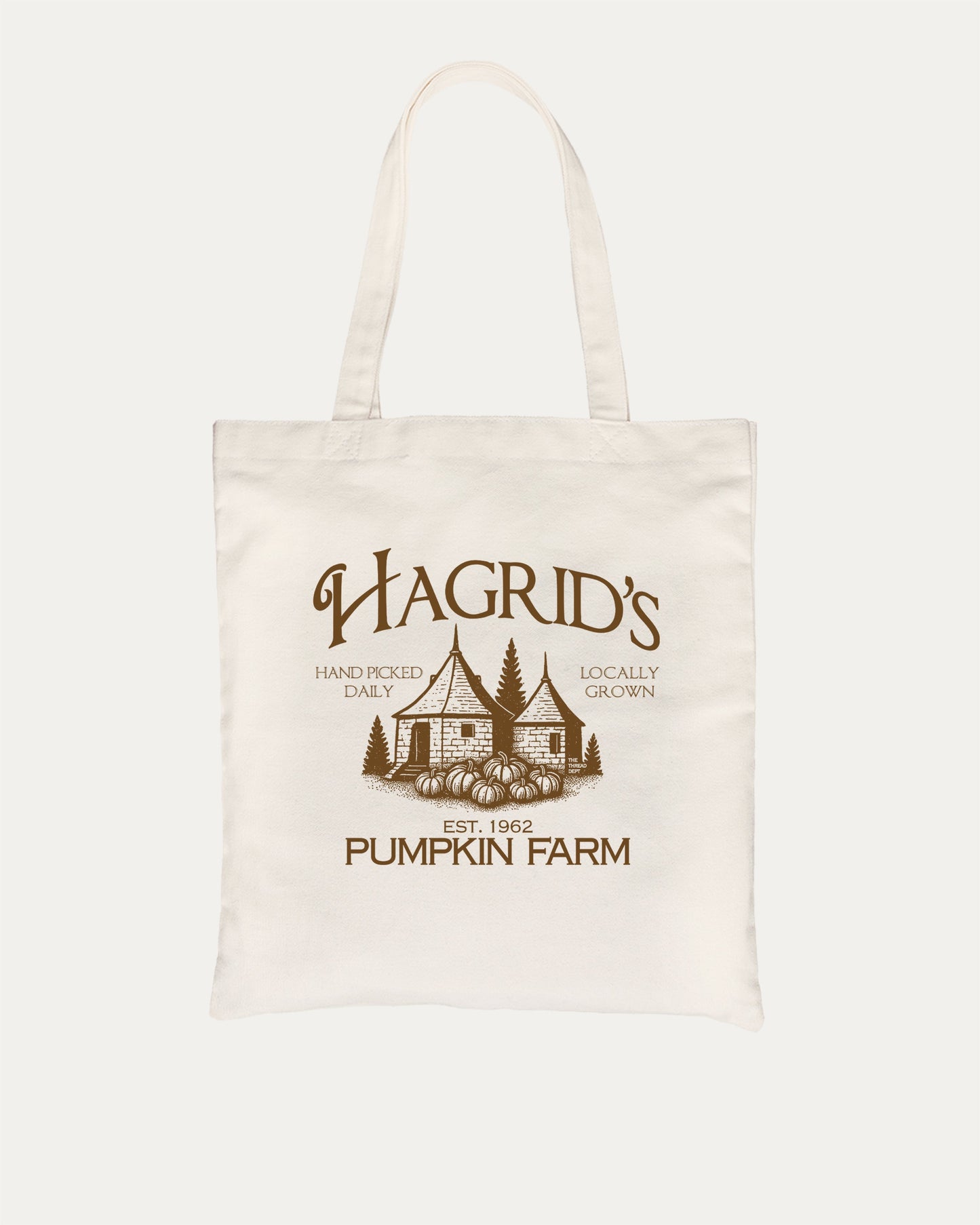 Hagrid's Pumpkin Farm cotton canvas tote bag with Vintage halloween graphic, perfect for everyday carry. A must-have halloween accessory, great for shopping, school, or casual days. Special gifts for friends. Natural bag