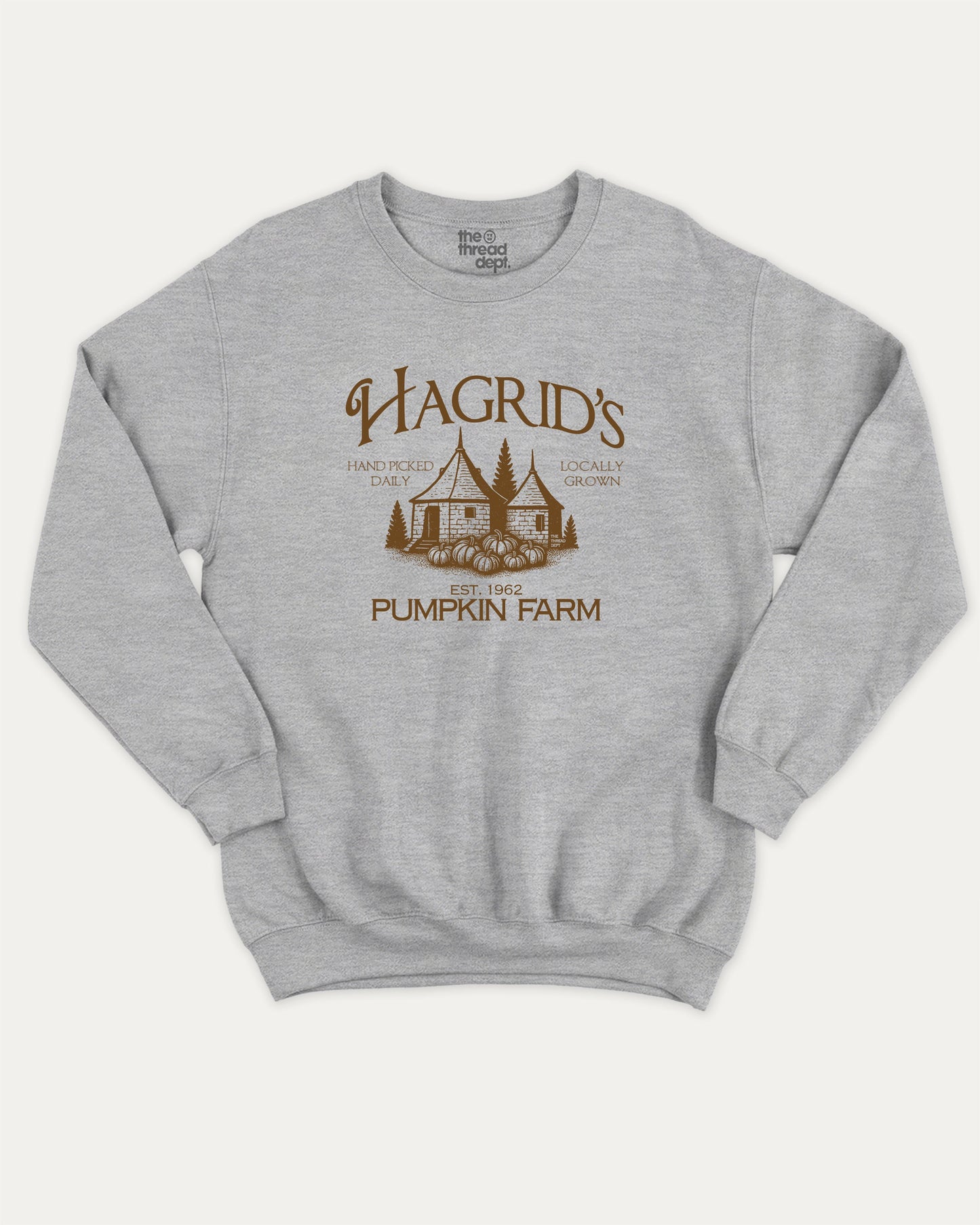 Hagrid's Pumpkin Farm pullover sweatshirt, perfect funny gift for friends. A must-have Vintage halloween graphic pullover, comfy cold-weather wear, bold casual look. Heather Grey sweater