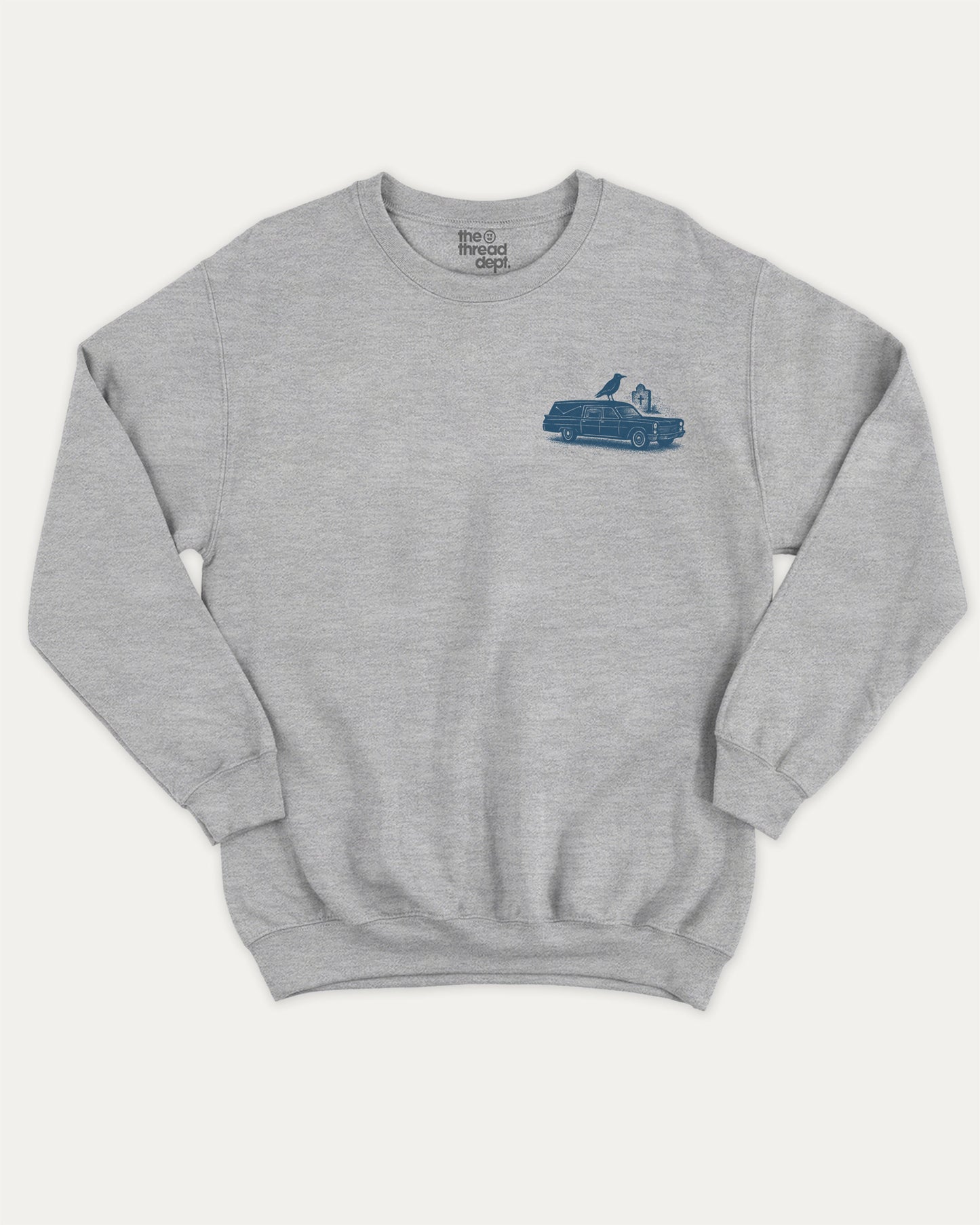 I Put The Fun In Funeral pullover sweatshirt, perfect funny gift for halloween. funny halloween graphic pullover, comfy cold-weather wear, bold casual look. Heather Grey sweater