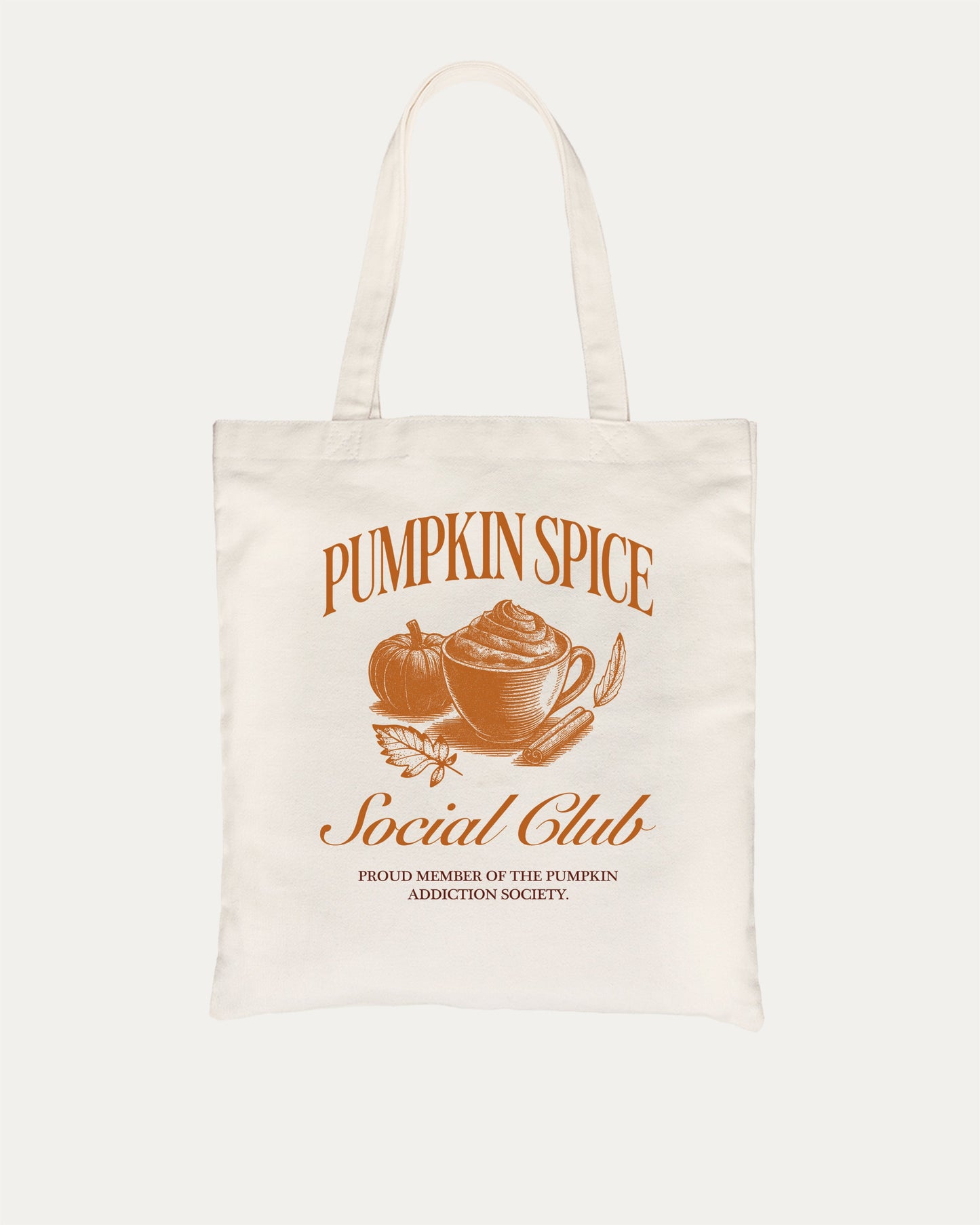 Pumpkin Spice Social Club cotton canvas tote bag with humorous graphic, perfect for everyday carry. A must-have halloween accessory, great for shopping, school, or casual days. Special gifts for friends. Natural bag