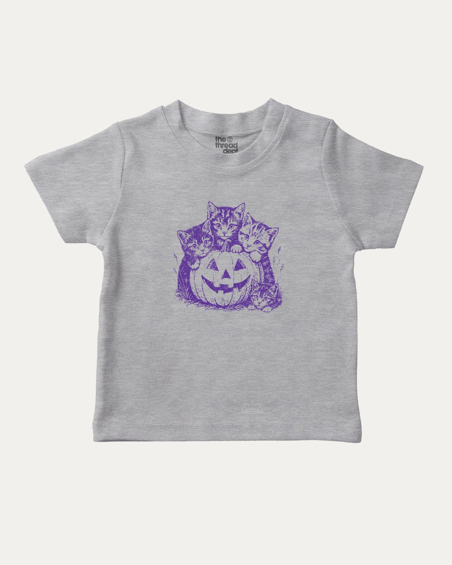 Spooky Kittens graphic tee with cute cats and pumpkin graphic, funny and trendy graphic. Perfect for adults and gift-giving. Heather Grey shirt.