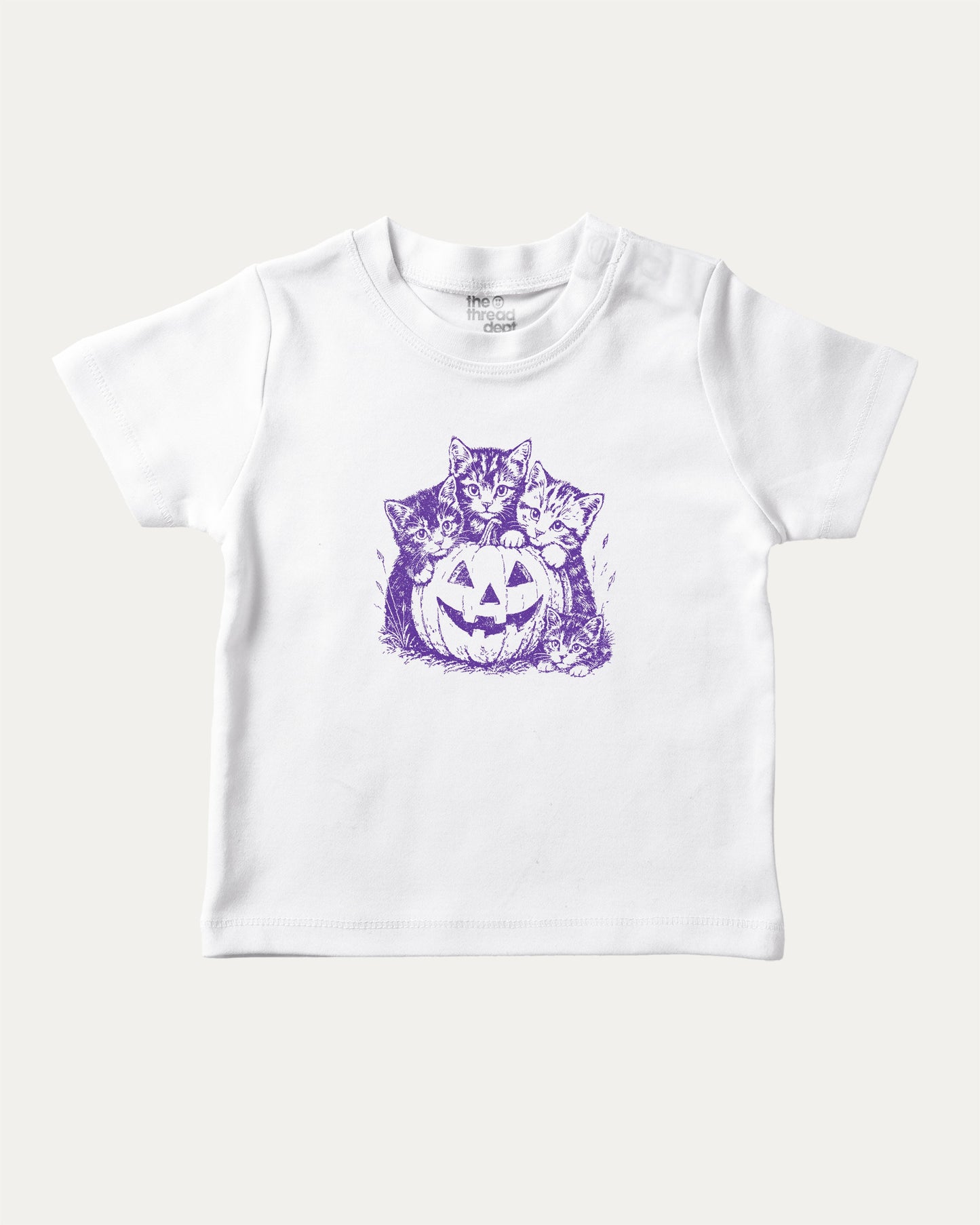 Spooky Kittens graphic tee with cute cats and pumpkin graphic, funny and trendy graphic. Perfect for adults and gift-giving. White shirt.