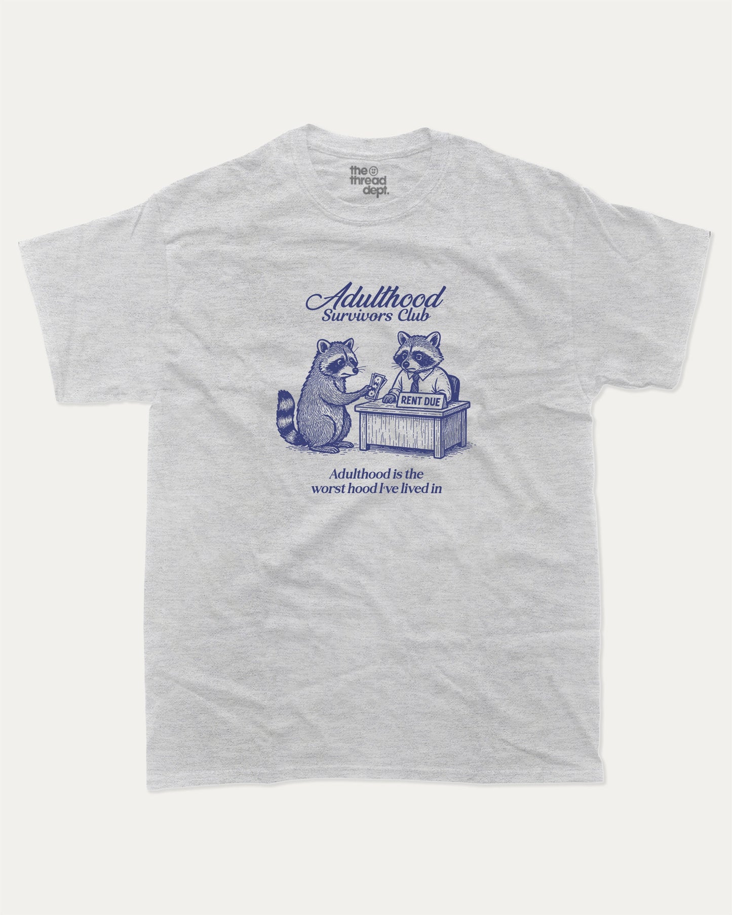 Adulthood Survivors Club graphic t-shirt, perfect for adults. Vintage Retro T shirt, Funny Racoon T shirt, Cute Racoon T shirt, Vintage Graphic Tee, unique gift idea. Ash Grey .