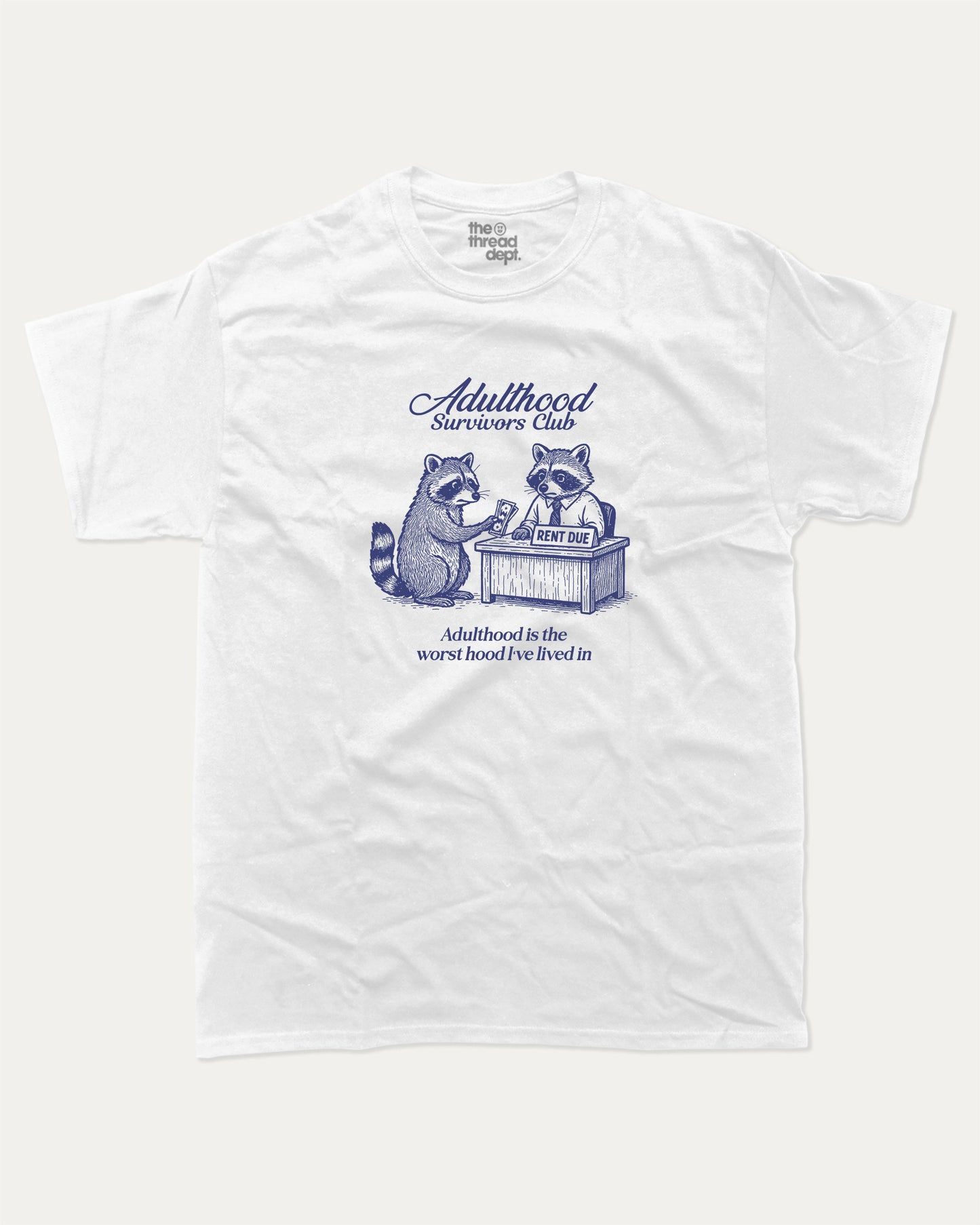 Adulthood Survivors Club graphic t-shirt, perfect for adults. Vintage Retro T shirt, Funny Racoon T shirt, Cute Racoon T shirt, Vintage Graphic Tee, unique gift idea. White.
