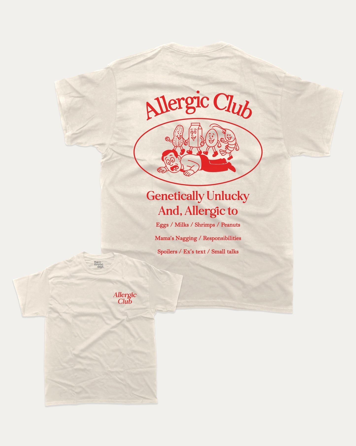 Allergic Club graphic t-shirt, perfect for adults. A Retro Graphic Tee, Retro Vibe T shirt, One tone Vintage Tee unique gift idea. Cream.
