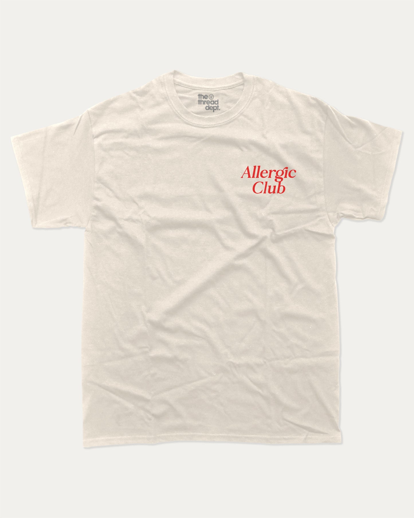 Allergic Club graphic t-shirt, perfect for adults. A Retro Graphic Tee, Retro Vibe T shirt, One tone Vintage Tee unique gift idea. Cream.