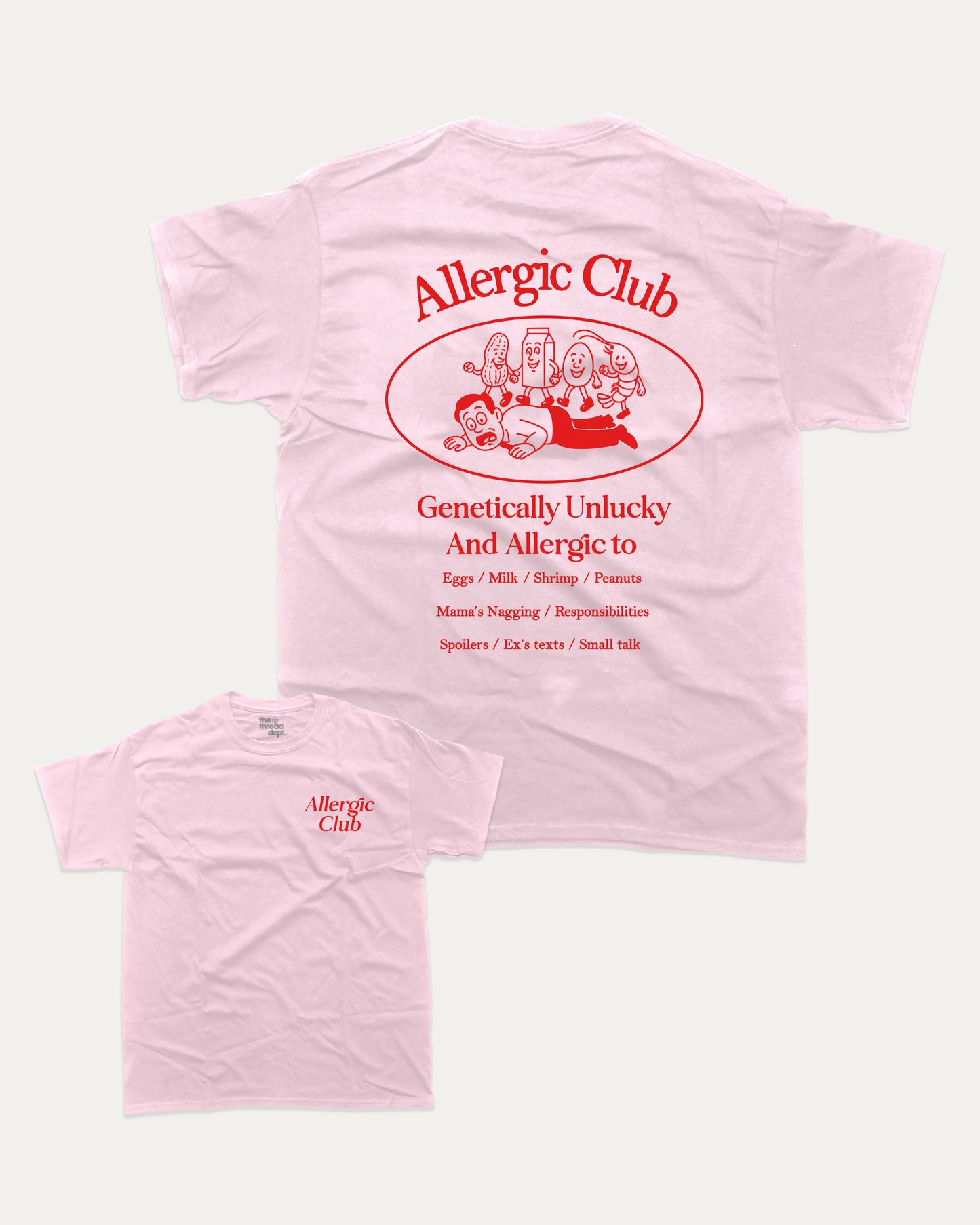 Pink t-shirt with 'Allergic Club' text and logo on a white background