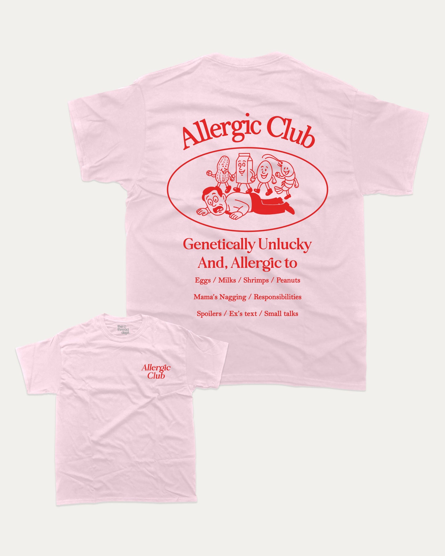 Allergic Club graphic t-shirt, perfect for adults. A Retro Graphic Tee, Retro Vibe T shirt, One tone Vintage Tee unique gift idea. Pink.