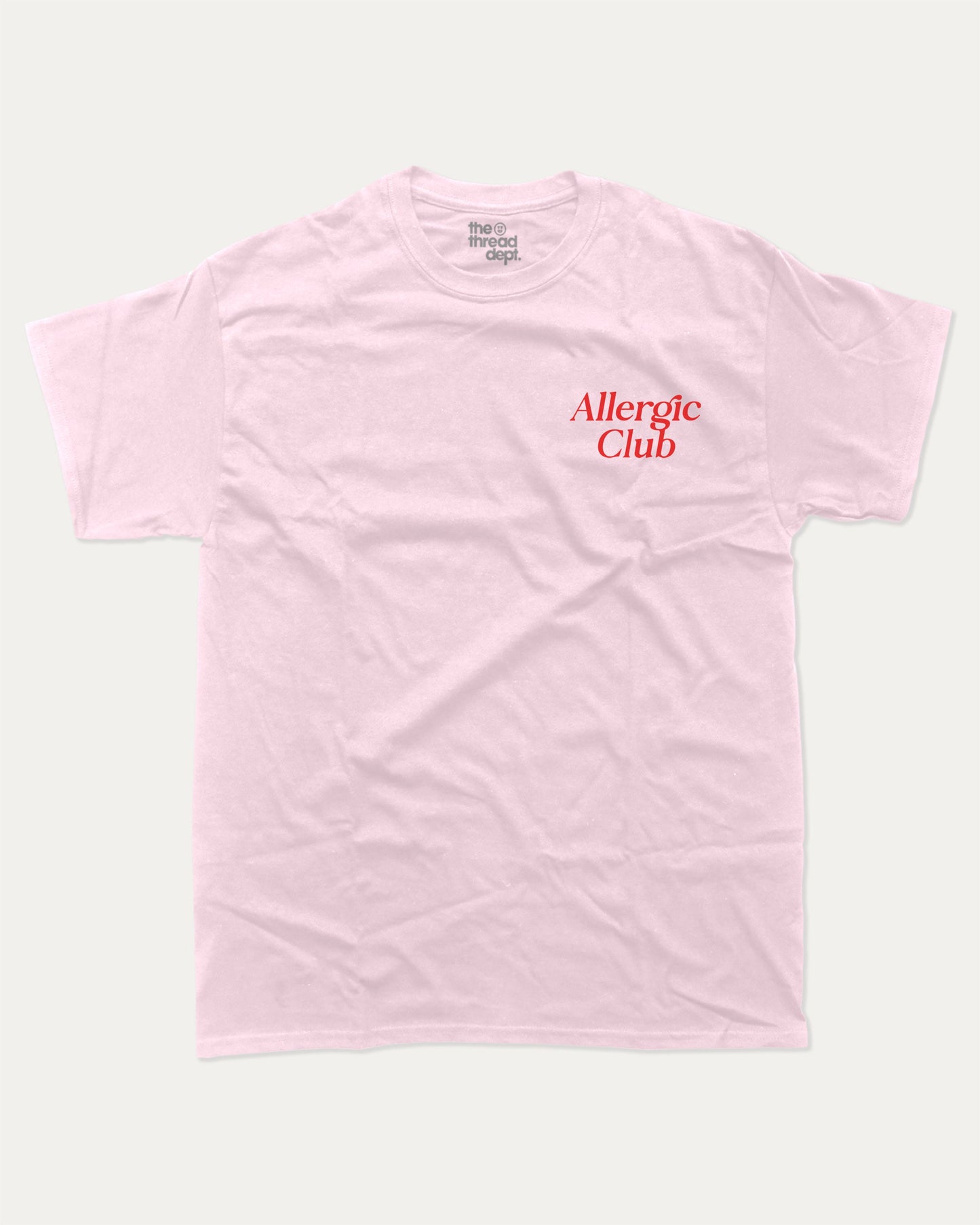 Allergic Club graphic t-shirt, perfect for adults. A Retro Graphic Tee, Retro Vibe T shirt, One tone Vintage Tee unique gift idea. Pink.