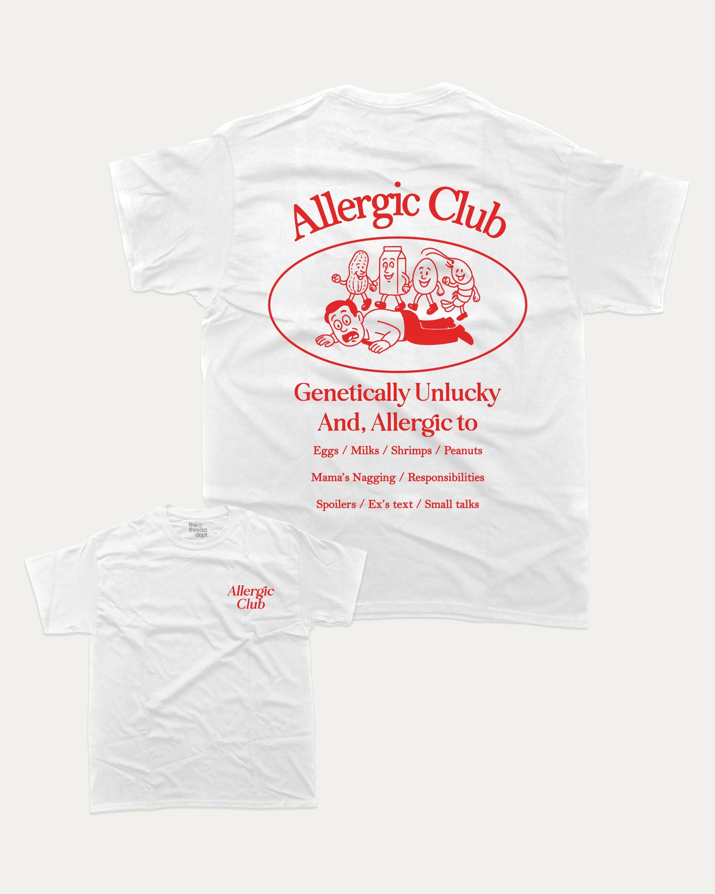 Allergic Club graphic t-shirt, perfect for adults. A Retro Graphic Tee, Retro Vibe T shirt, One tone Vintage Tee unique gift idea. White.