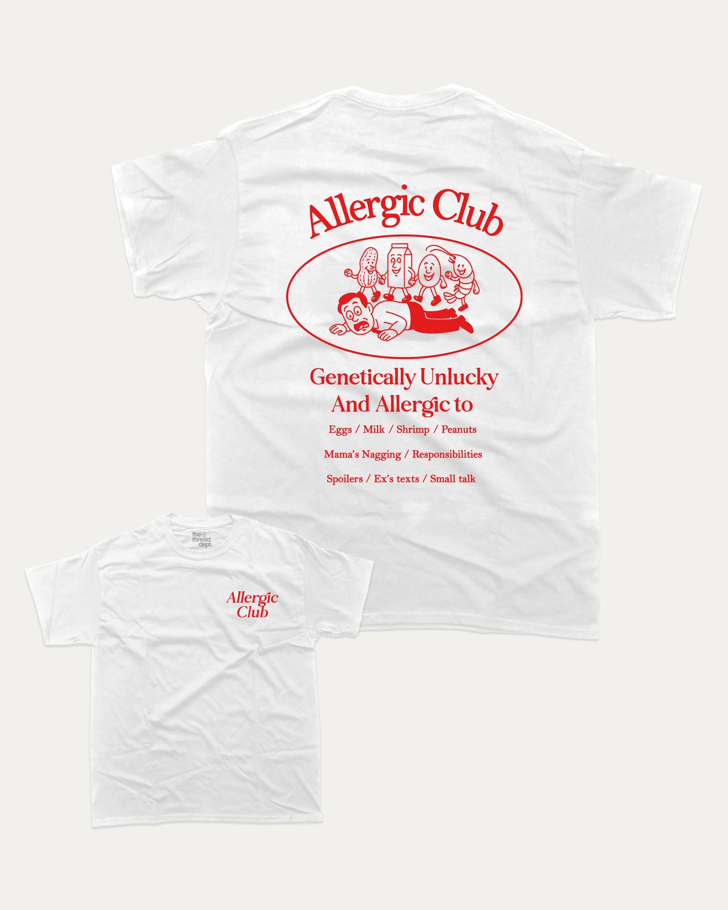 White t-shirt with red 'Allergic Club' logo and text on a white background