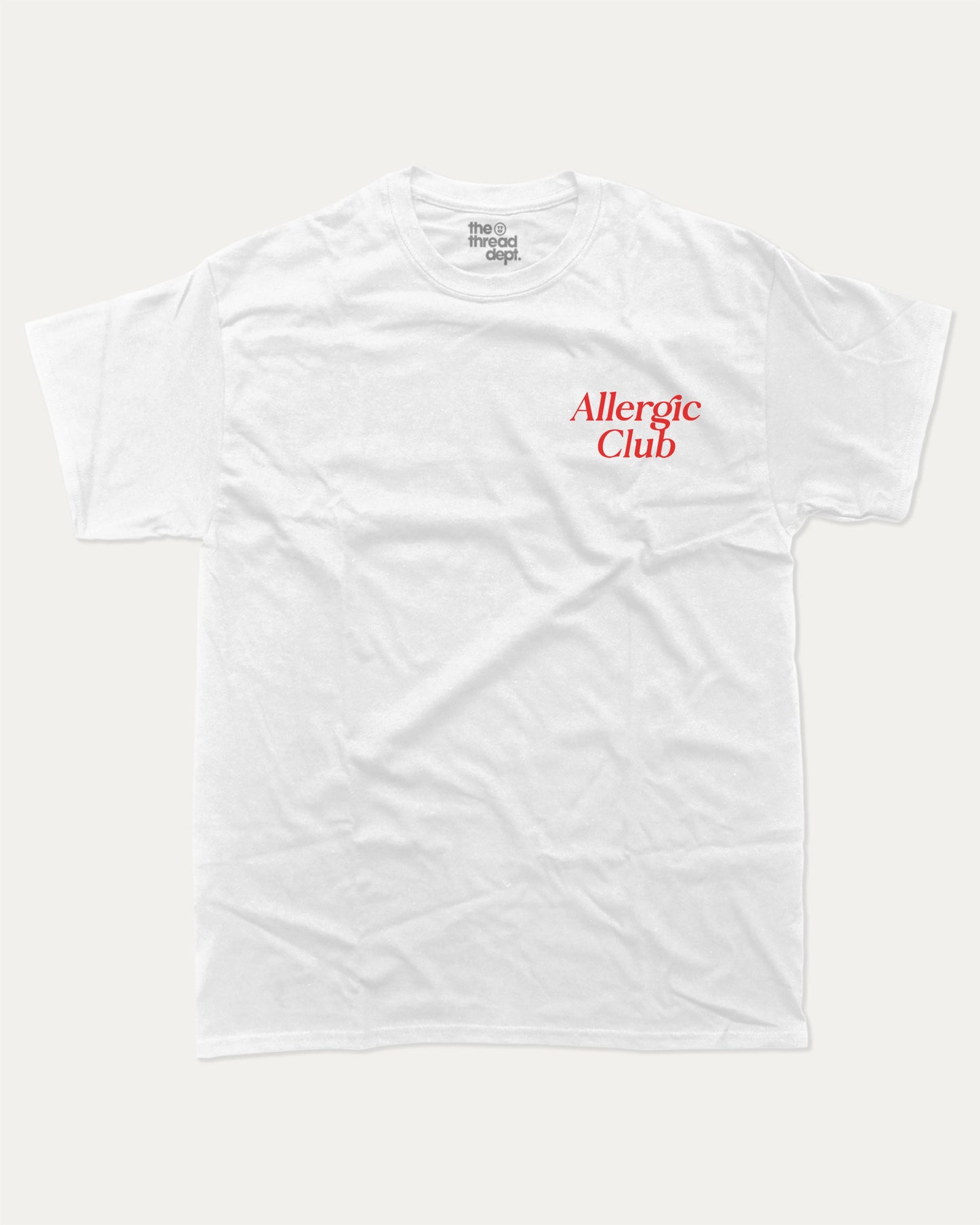 Allergic Club graphic t-shirt, perfect for adults. A Retro Graphic Tee, Retro Vibe T shirt, One tone Vintage Tee unique gift idea. White.