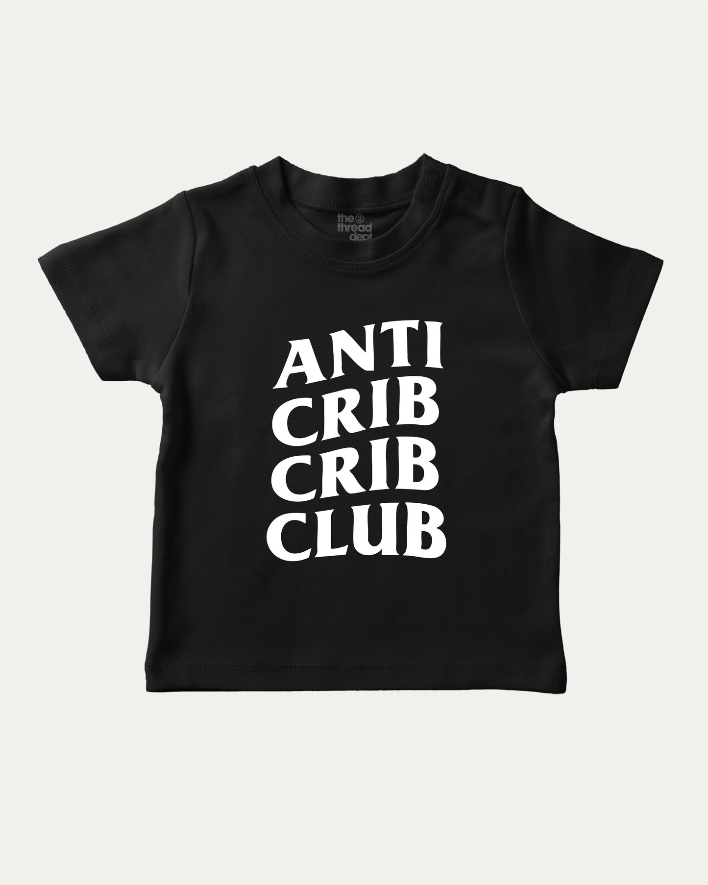 Anti Crib Crib Club graphic tee with bold and humorous print, funny crib graphic. Perfect for adults and gift-giving. Black shirt.