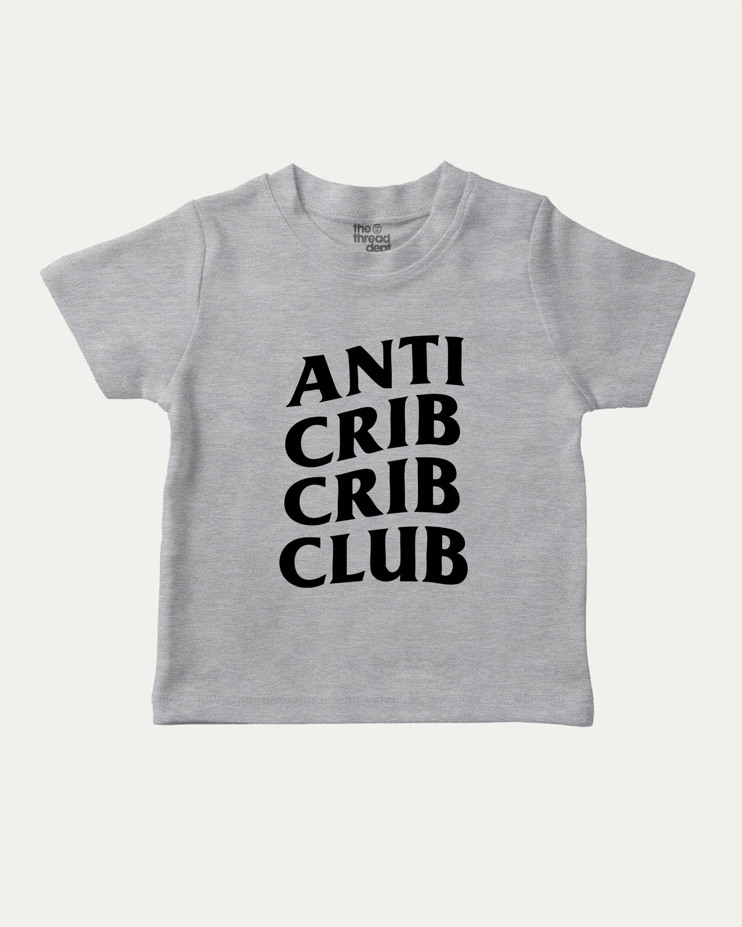 Anti Crib Crib Club graphic tee with bold and humorous print, funny crib graphic. Perfect for adults and gift-giving. Heather Grey shirt.