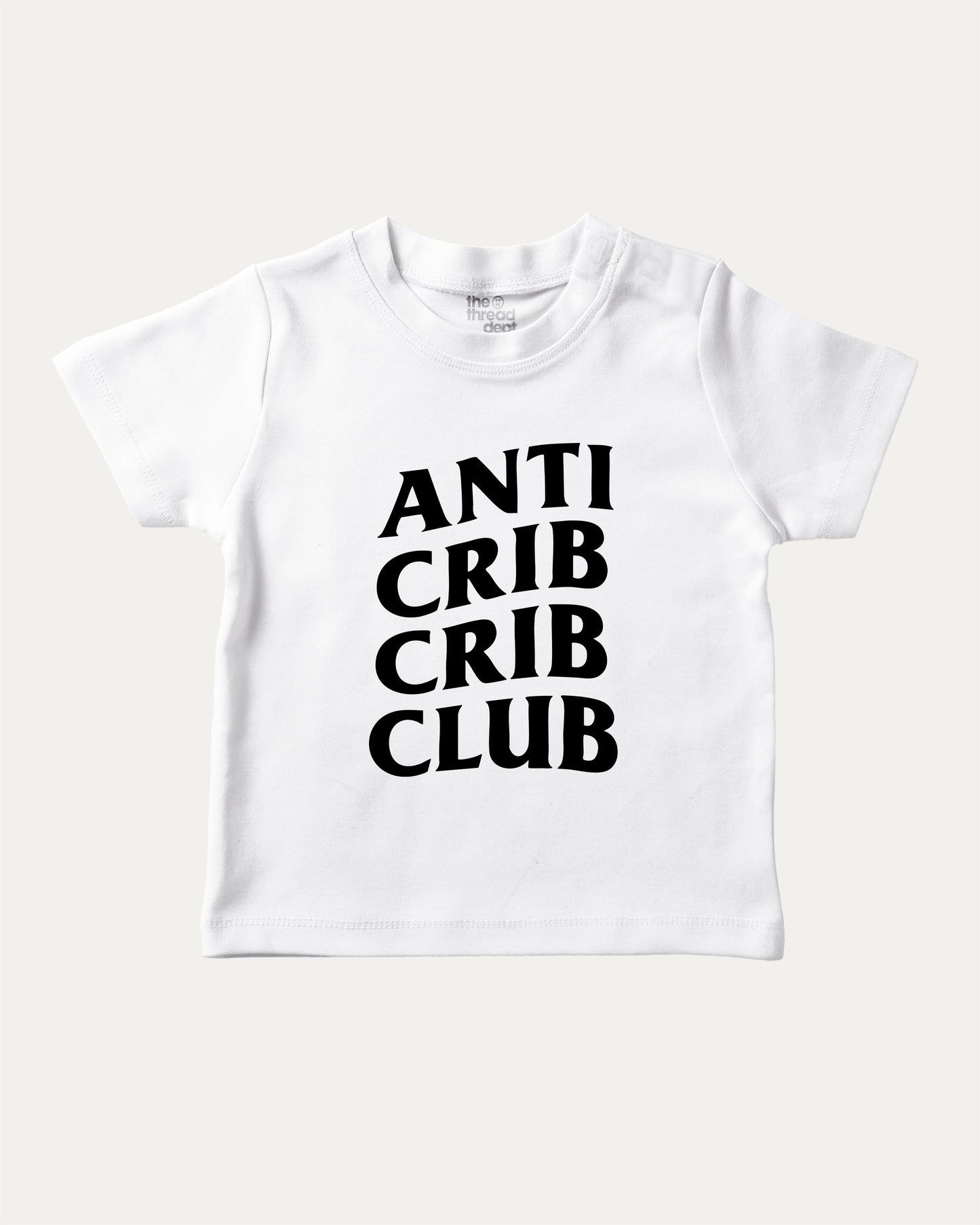 Anti Crib Crib Club graphic tee with bold and humorous print, funny crib graphic. Perfect for adults and gift-giving. White shirt.