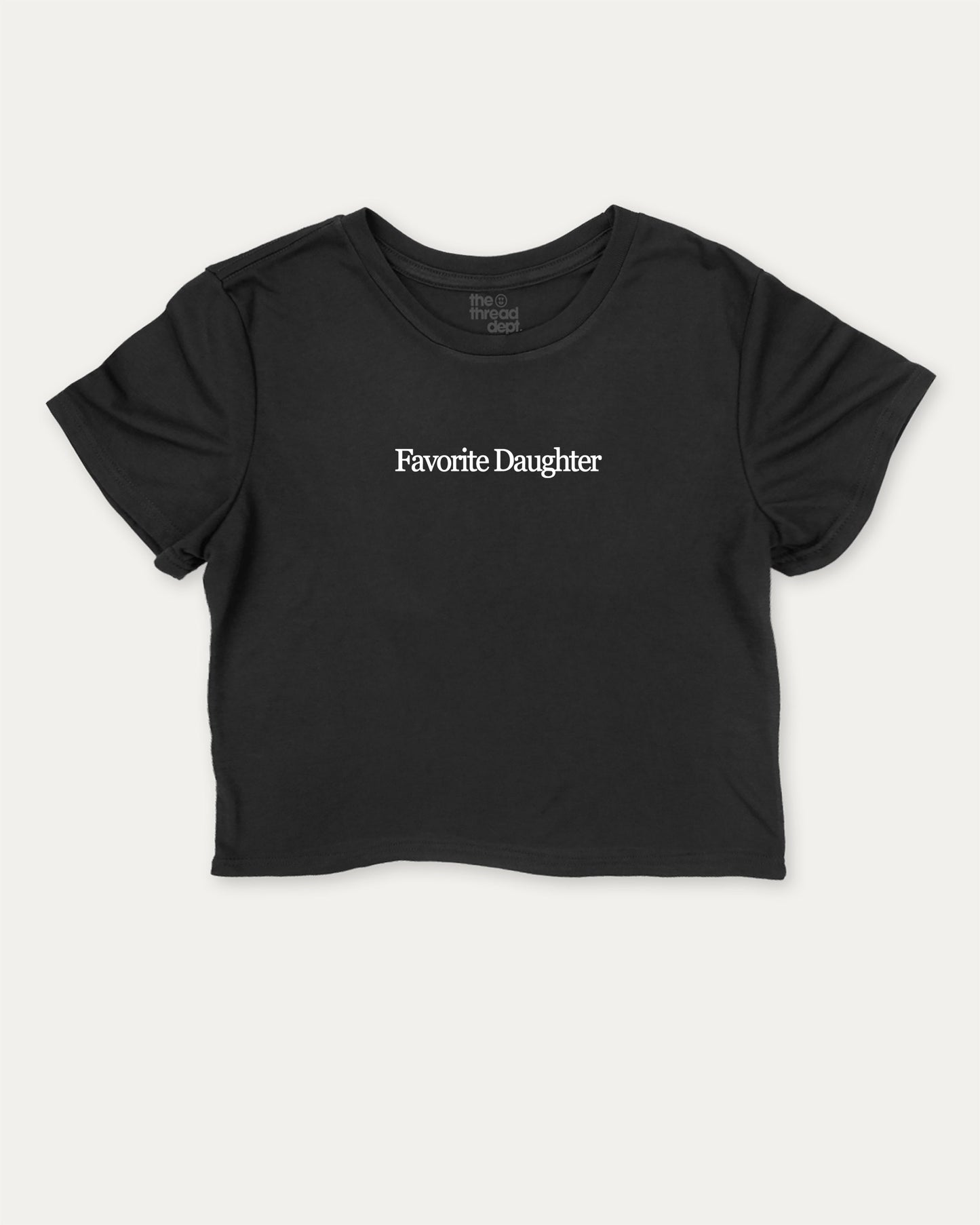 Favorite Daughter cute and trendy crop tee with funny family graphic, perfect for women. A must-have cropped aesthetic shirt, ideal for daily outfits and casual days. Black crop tee