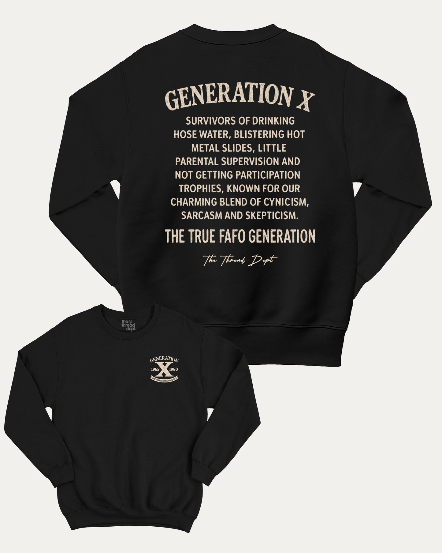 Black sweatshirt with white text on a white background