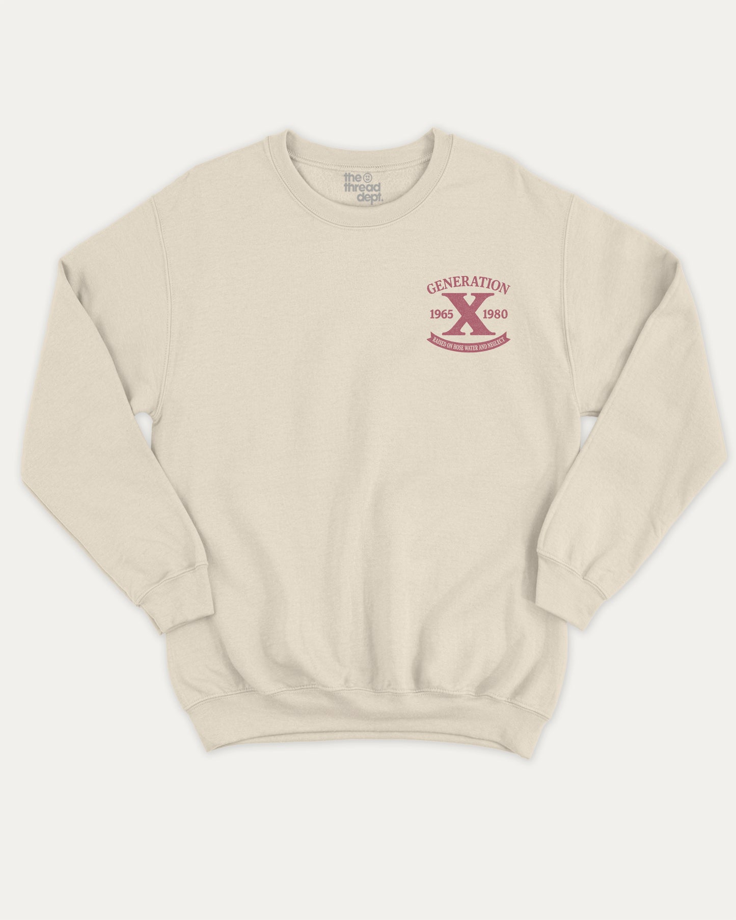 Beige sweatshirt with 'Generation X' logo on a white background