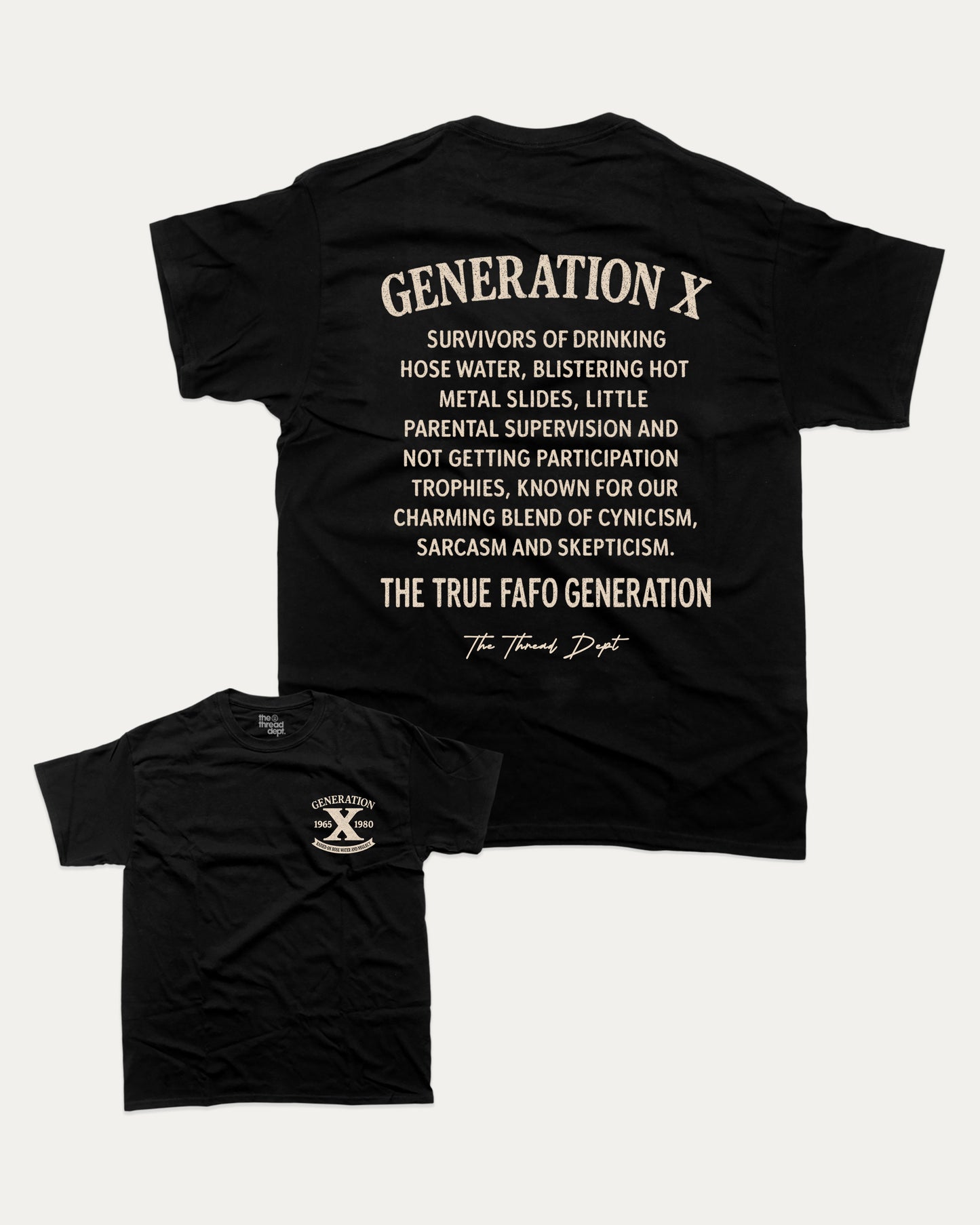 Black t-shirt with white text on a white background