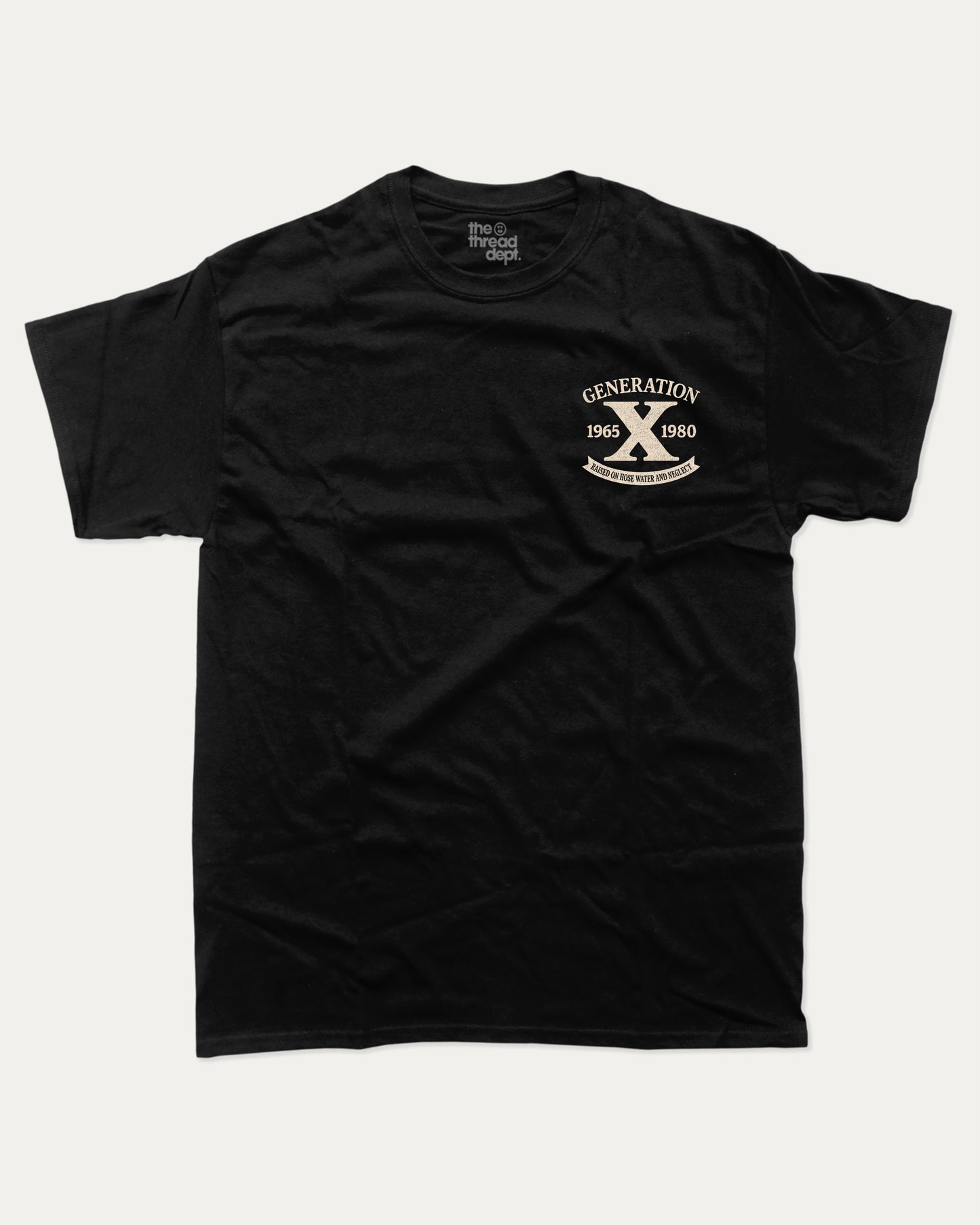 Black t-shirt with 'Generation X' logo on a white background
