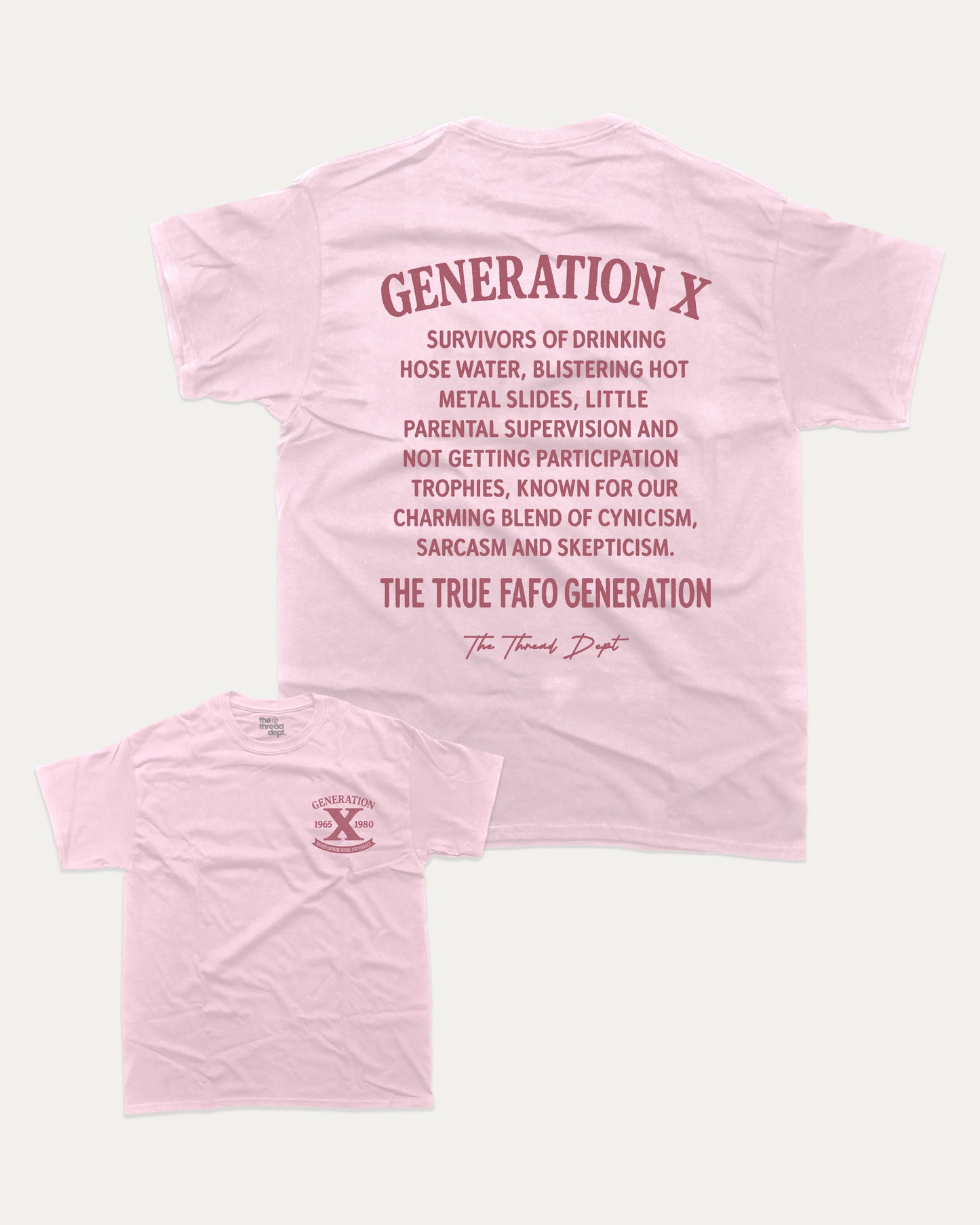 Pink t-shirt with text on a white background