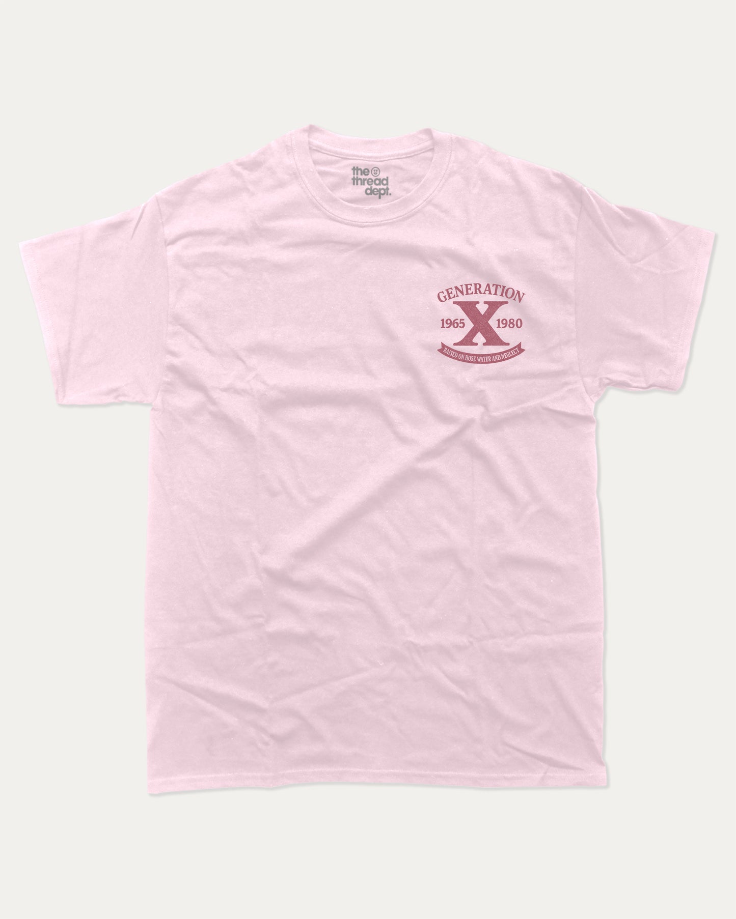 Pink t-shirt with 'Generation X' logo on a white background