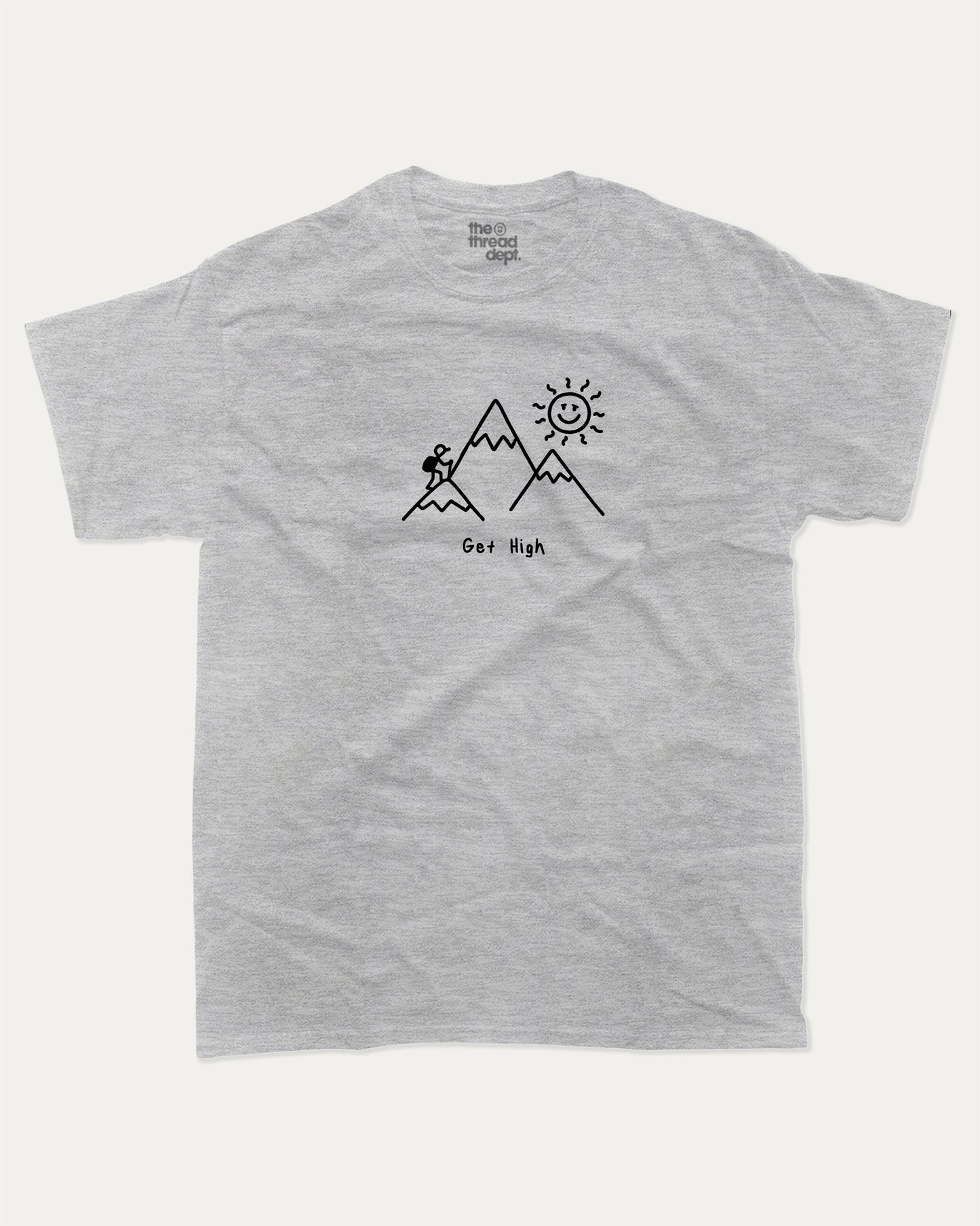 Get High graphic t-shirt, Funny t-shirts, visual puns graphic tees. A must-have funny tee, trending meme shirt, unique gift idea. Heather Grey.