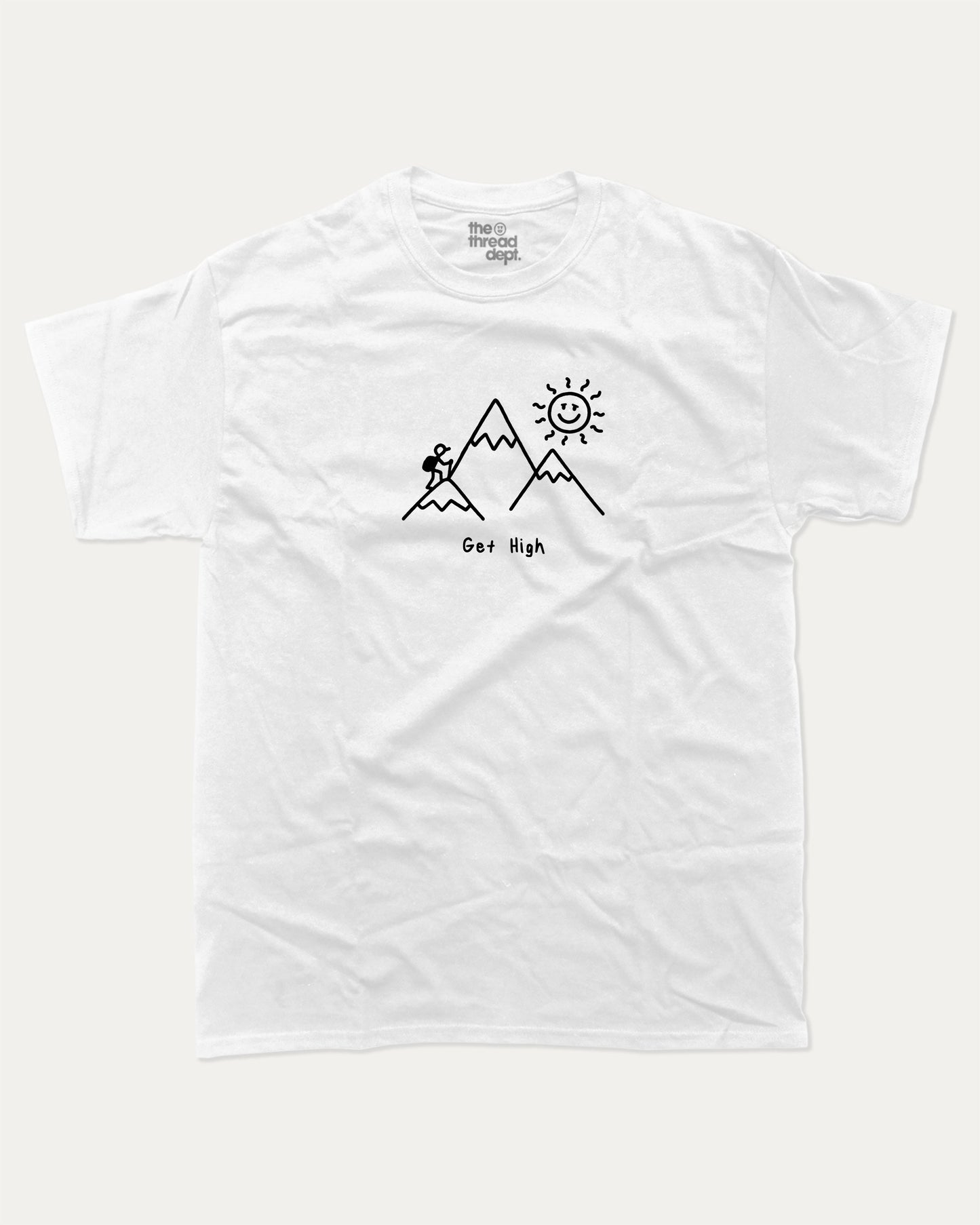 Get High graphic t-shirt, Funny t-shirts, visual puns graphic tees. A must-have funny tee, trending meme shirt, unique gift idea. White.