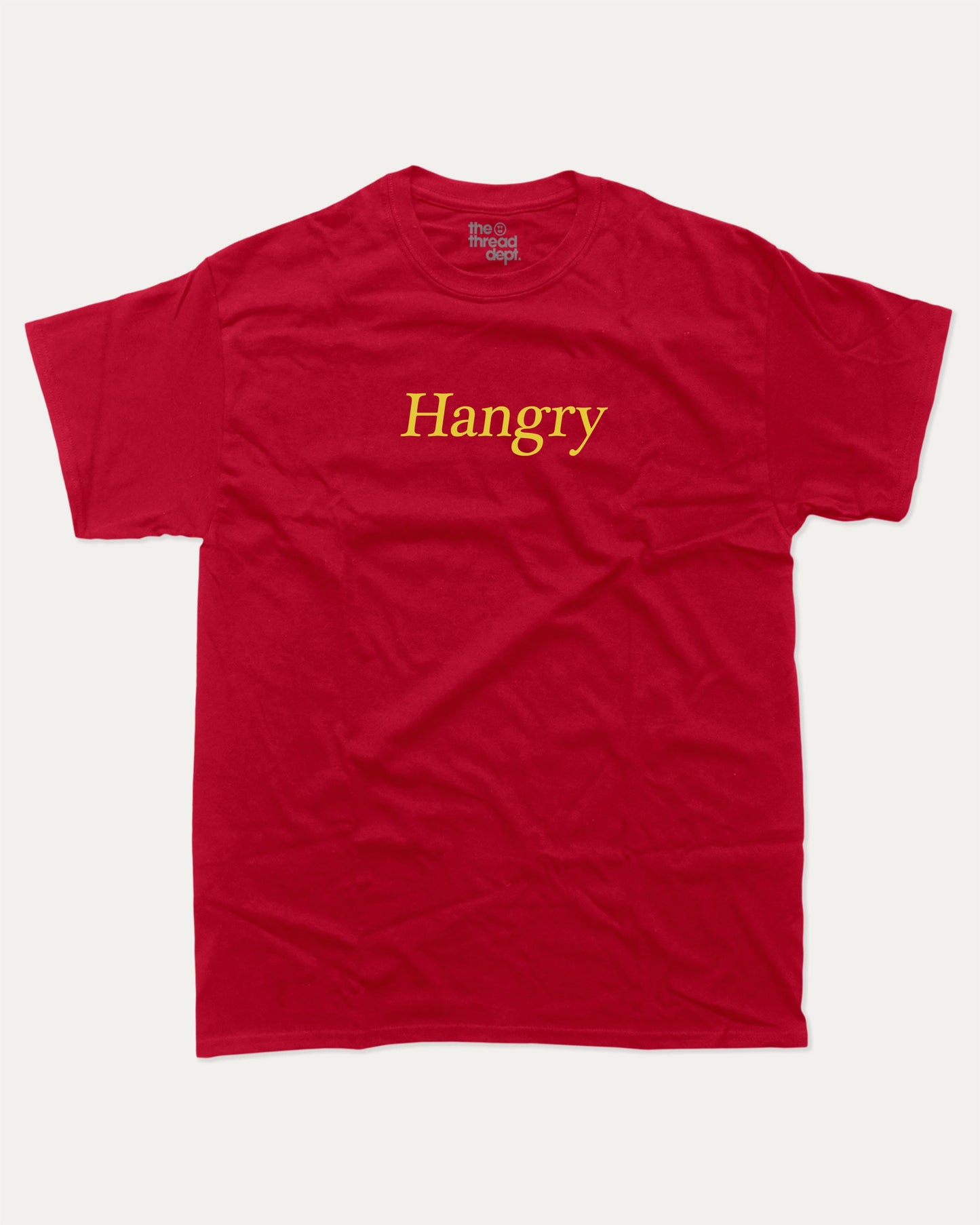 Hangry graphic tee with bold and humorous print, funny and trendy graphic. Perfect for adults and gift-giving. Cardinal shirt.