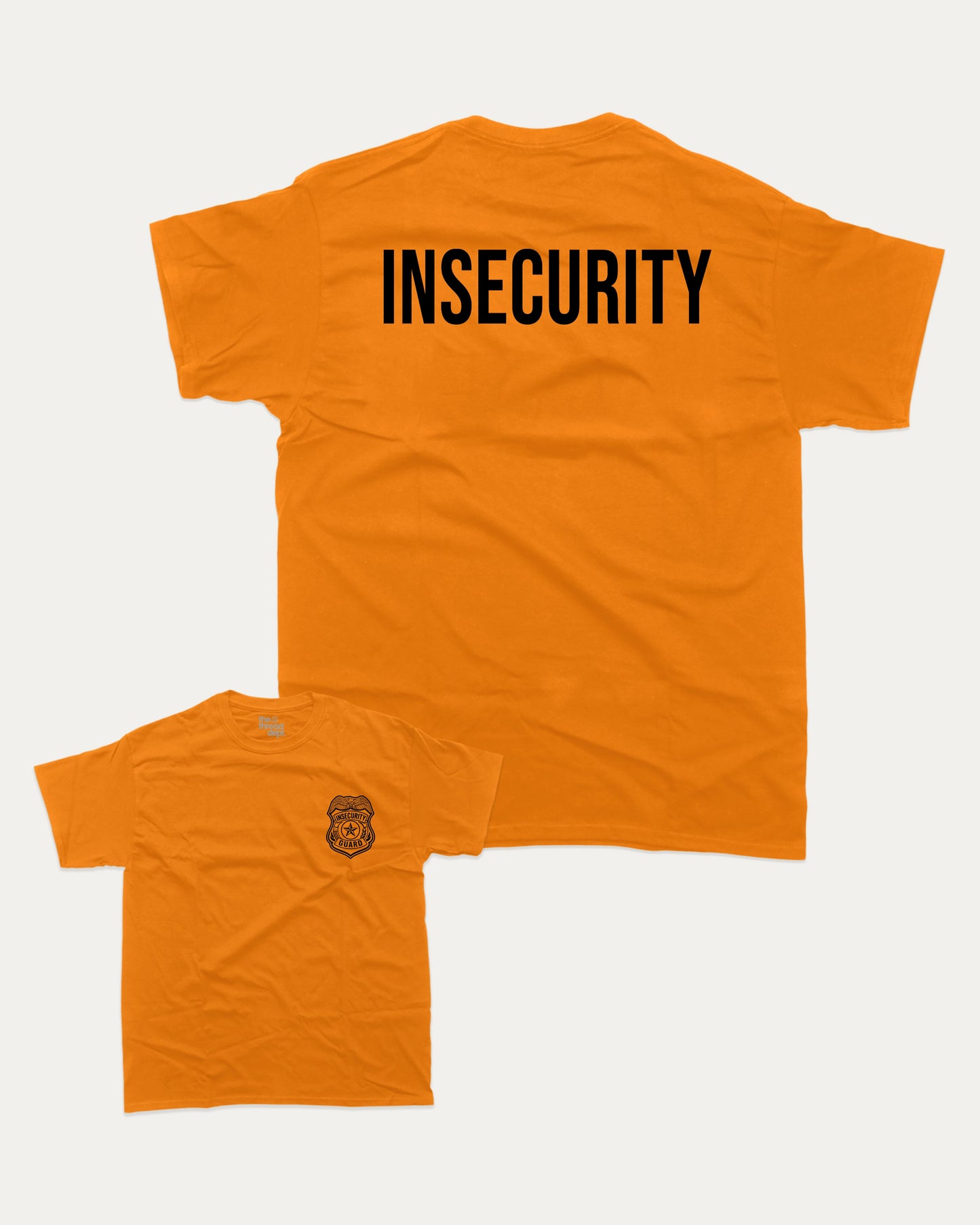 Insecurity Guard graphic tee with bold and humorous print, funny security graphic. Perfect for adults and gift-giving. Orange shirt.