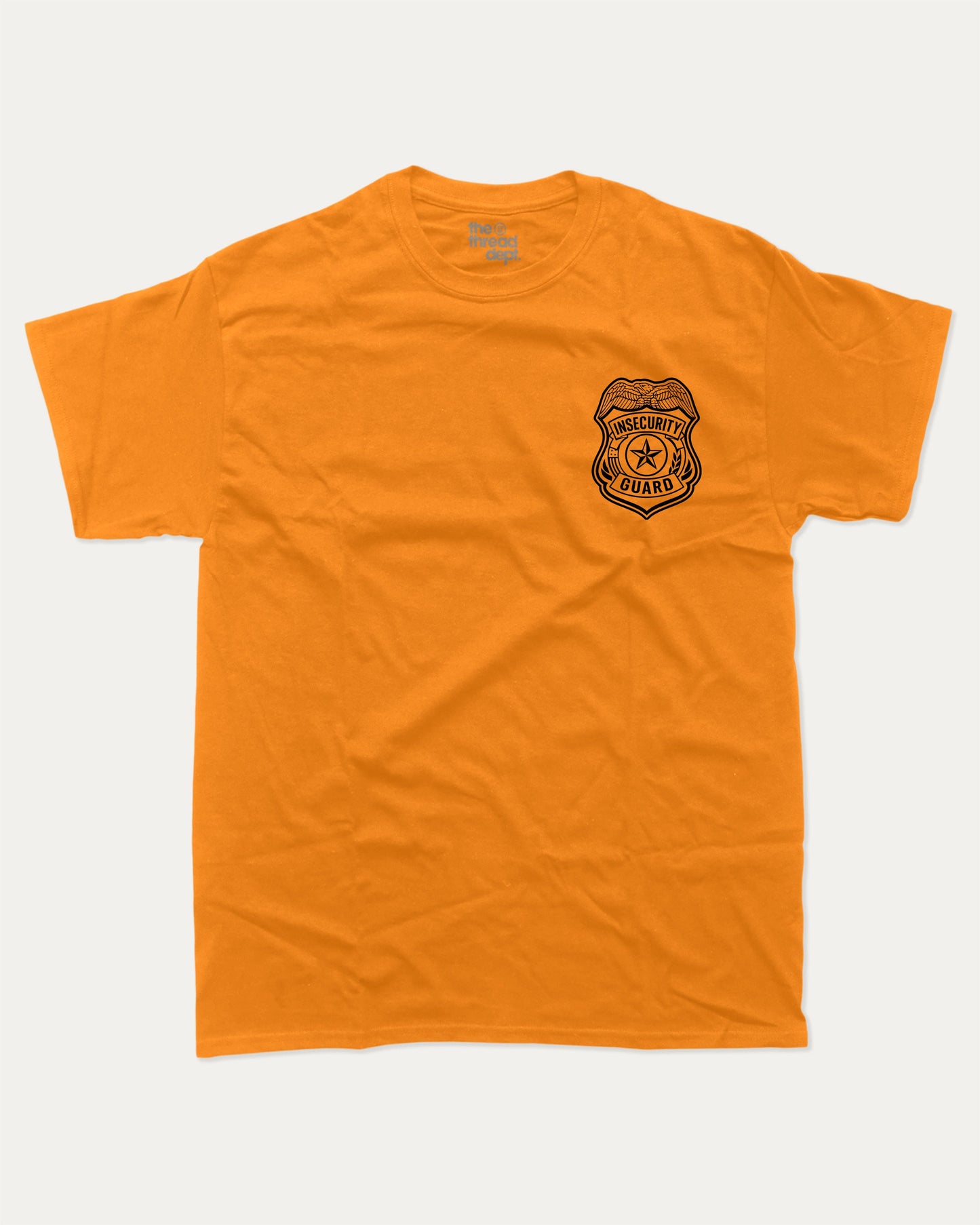 Insecurity Guard graphic tee with bold and humorous print, funny security graphic. Perfect for adults and gift-giving. Orange shirt.