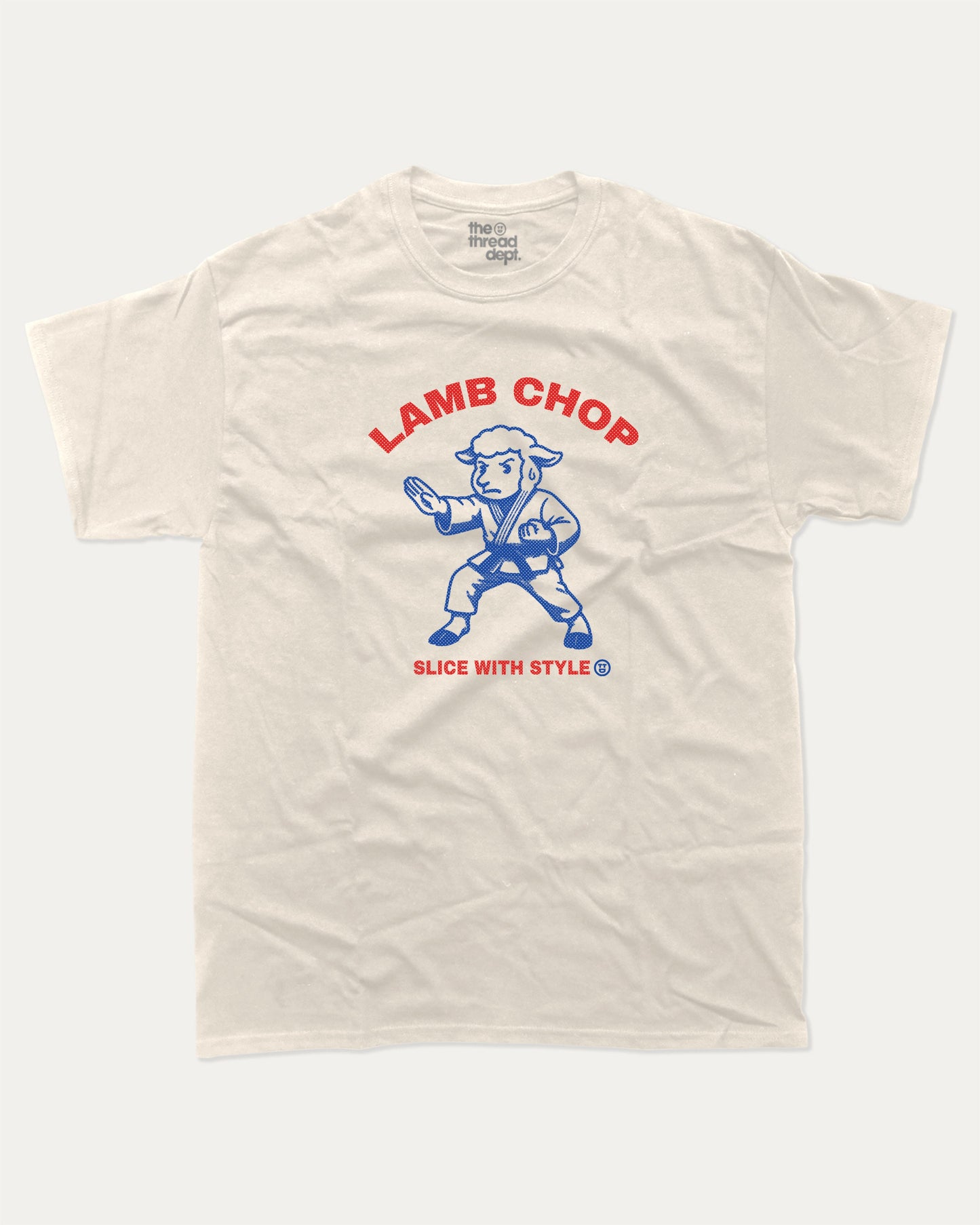 Lamb Chop graphic t-shirt, perfect for adults. Cute Animal Tee shirt, Humorous Graphic T shirt, Vintage Graphic Tee trending meme shirt, unique gift idea. Cream.