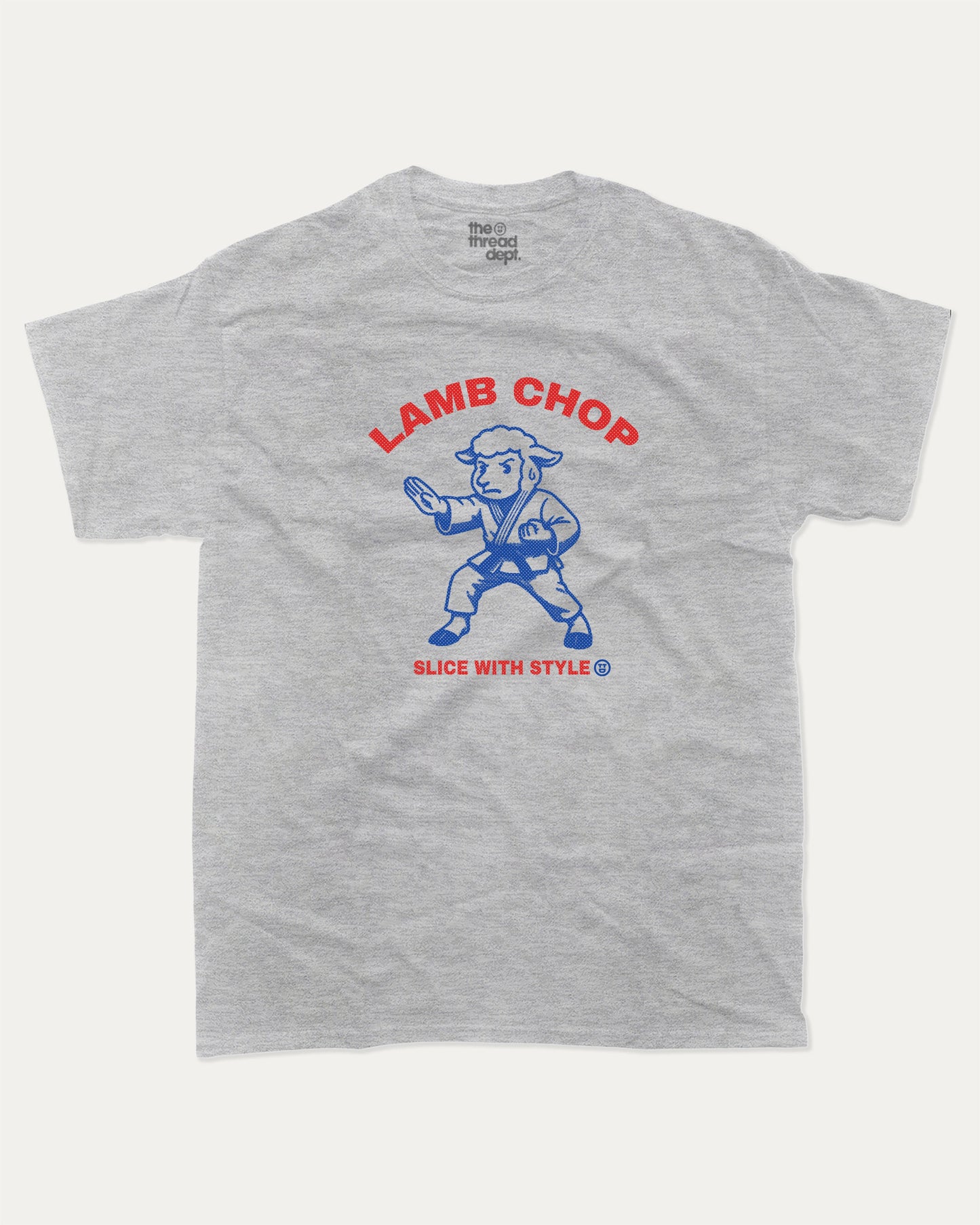 Lamb Chop graphic t-shirt, perfect for adults. Cute Animal Tee shirt, Humorous Graphic T shirt, Vintage Graphic Tee trending meme shirt, unique gift idea. Heather Grey.