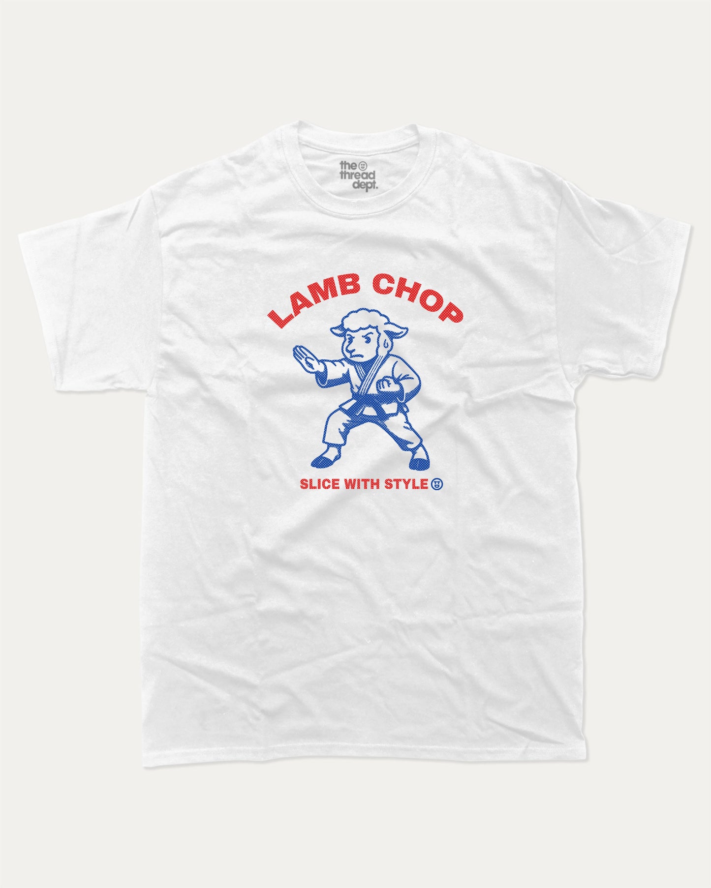Lamb Chop graphic t-shirt, perfect for adults. Cute Animal Tee shirt, Humorous Graphic T shirt, Vintage Graphic Tee trending meme shirt, unique gift idea. White.
